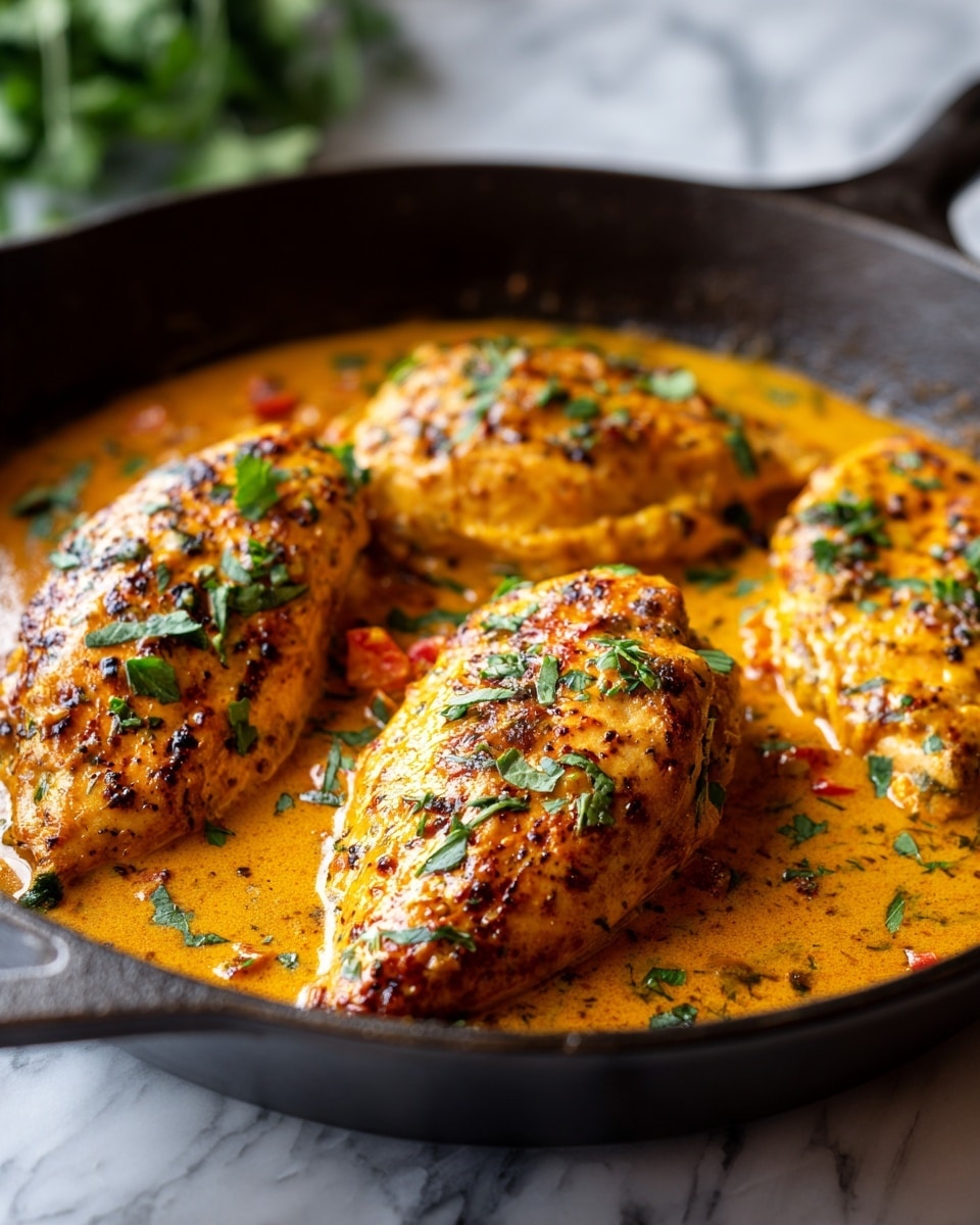 A white plate holds five thick slices of cooked chicken breast arranged in a neat row, partially covered by a creamy orange sauce with visible small chunks of red bell pepper and some green herbs mixed in. The sauce fills the base of the plate, creating a smooth, slightly thick pool surrounding the chicken. Bright green fresh herbs are sprinkled on top and around the dish for color contrast. The plate sits on a white marbled surface with a striped cloth underneath and two whole green peppers visible in the background. Photo taken with an iphone --ar 4:5 --v 7