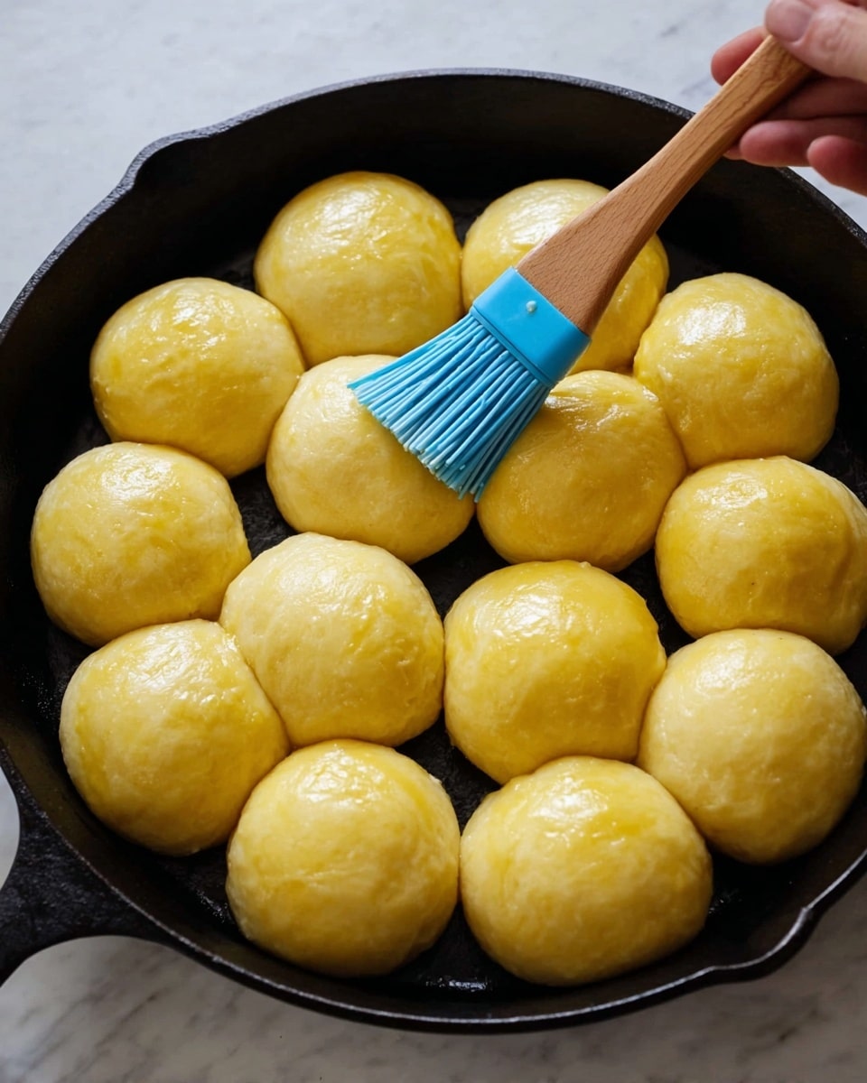 A cast iron pan filled with 16 shiny golden brown dinner rolls arranged tightly together in a circular shape. Each roll has a smooth, slightly risen top with a light sprinkling of coarse salt, showing a slightly sticky and glazed texture. The pan rests on a white marbled surface with a blue and white checked cloth underneath and a small wooden bowl filled with coarse salt beside it. The round black handle of the pan is visible at the bottom right corner. photo taken with an iphone --ar 4:5 --v 7
