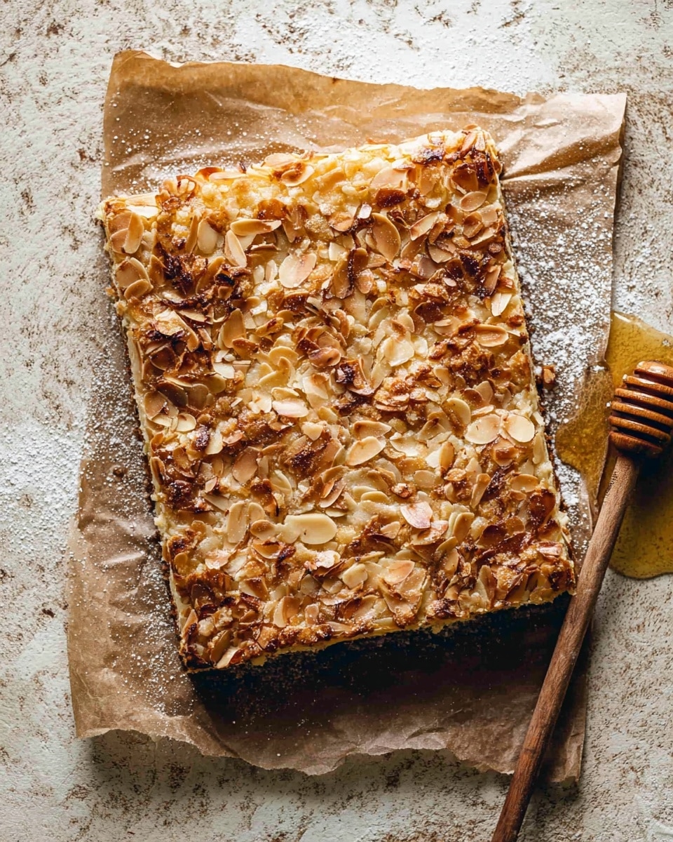 The image shows five square pieces of a dessert bar with three visible layers: a bottom light beige soft cake layer, a middle creamy white layer, and a top layer covered with many toasted almond slices giving a dark golden brown crunchy texture. One piece is slightly separated from the rest, revealing the creamy middle layer inside. The squares rest on crumpled paper placed on a rustic wooden surface, with a knife nearby, all under natural lighting. photo taken with an iphone --ar 4:5 --v 7