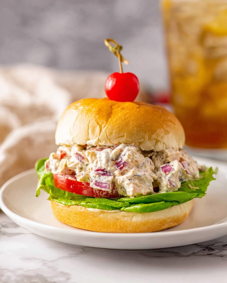 A sandwich sits on a white plate placed on a white marbled surface, made with a soft, golden brown bun as the top and bottom layers. Inside, a fresh green lettuce leaf forms the base, topped with a chunky, creamy salad mixture containing pieces of white chicken, slices of red cherry tomatoes, and bits of purple onion spread generously, showing a thick, textured, pale sauce binding the ingredients. The sandwich is held together by a skewer with a single red cherry tomato on top, adding a pop of color. In the background, there is a glass of iced drink softly blurred out. photo taken with an iphone --ar 4:5 --v 7
