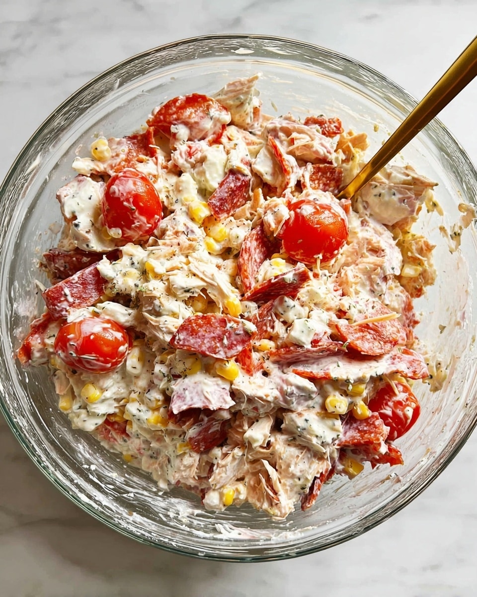 A clear glass mixing bowl filled with a chunky salad mixture showing around five layers of ingredients, including small pieces of red tomatoes with a smooth skin, slices of dark red pepperoni, shredded white and pink chicken, bits of yellow corn, and small chunks of white cheese, all coated with a creamy, slightly speckled off-white dressing; a gold spoon rests at the side inside the bowl on a white marbled surface photo taken with an iphone --ar 4:5 --v 7