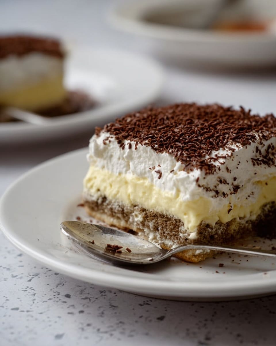 The image shows three square pieces of tiramisu on white plates placed on a white marbled surface. Each slice has three visible layers: the bottom layer is a light brown, crumbly biscuit base, the middle layer is a thick, creamy white filling, and the top layer is a dusting of finely grated dark brown chocolate. One of the pieces in the front is accompanied by a silver spoon resting on the plate’s edge. A woman's hand is holding a fork near one of the plates in the background. The overall scene is soft and natural with a clear focus on the front slice. photo taken with an iphone --ar 4:5 --v 7
