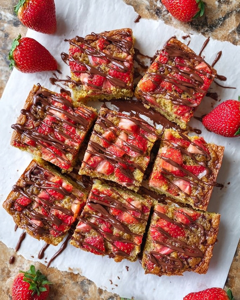 The image shows a white parchment paper holding nine square slices of a baked dessert. Each slice has a golden-brown base layer with visible soft texture, topped with chopped red strawberry pieces scattered evenly across. Drizzled on top is a medium-dark chocolate sauce in thin, uneven lines covering each slice. Around the parchment are whole fresh strawberries for decoration. The background is a white marbled surface with some chocolate drips on the paper. The dessert looks moist with a mix of bright red fruit and rich chocolate contrast. Photo taken with an iphone --ar 4:5 --v 7