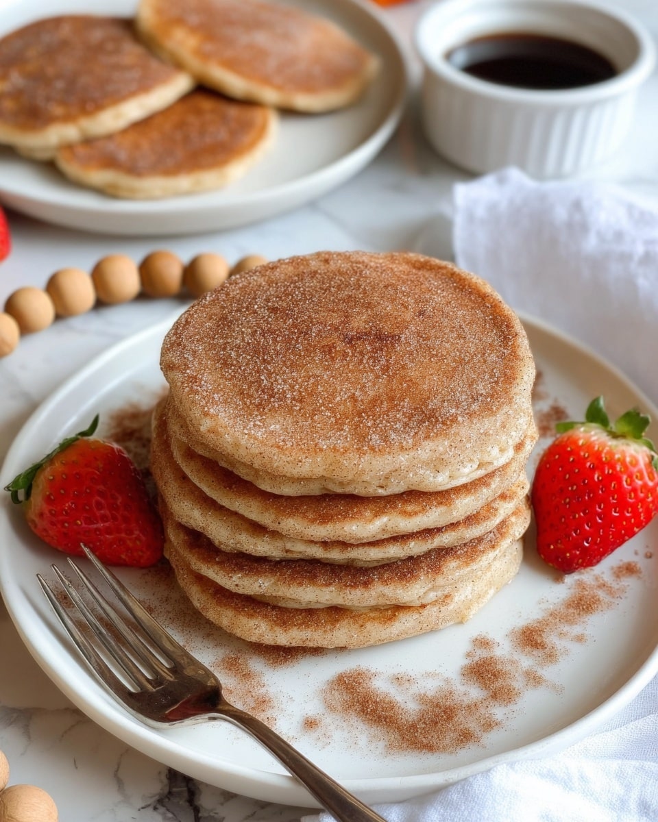 A stack of three thick pancakes with a golden brown top, sprinkled with cocoa powder or cinnamon, sits on a white plate with a white marbled texture background. The middle pancake is broken to show a rich, melted dark chocolate filling between the layers, which looks glossy and smooth. At the top, there is a half strawberry, vibrant red with white inner flesh, placed as a garnish. In the front, a fork holds a piece of the pancake, showing the fluffy texture and melted chocolate inside. Photo taken with an iphone --ar 4:5 --v 7