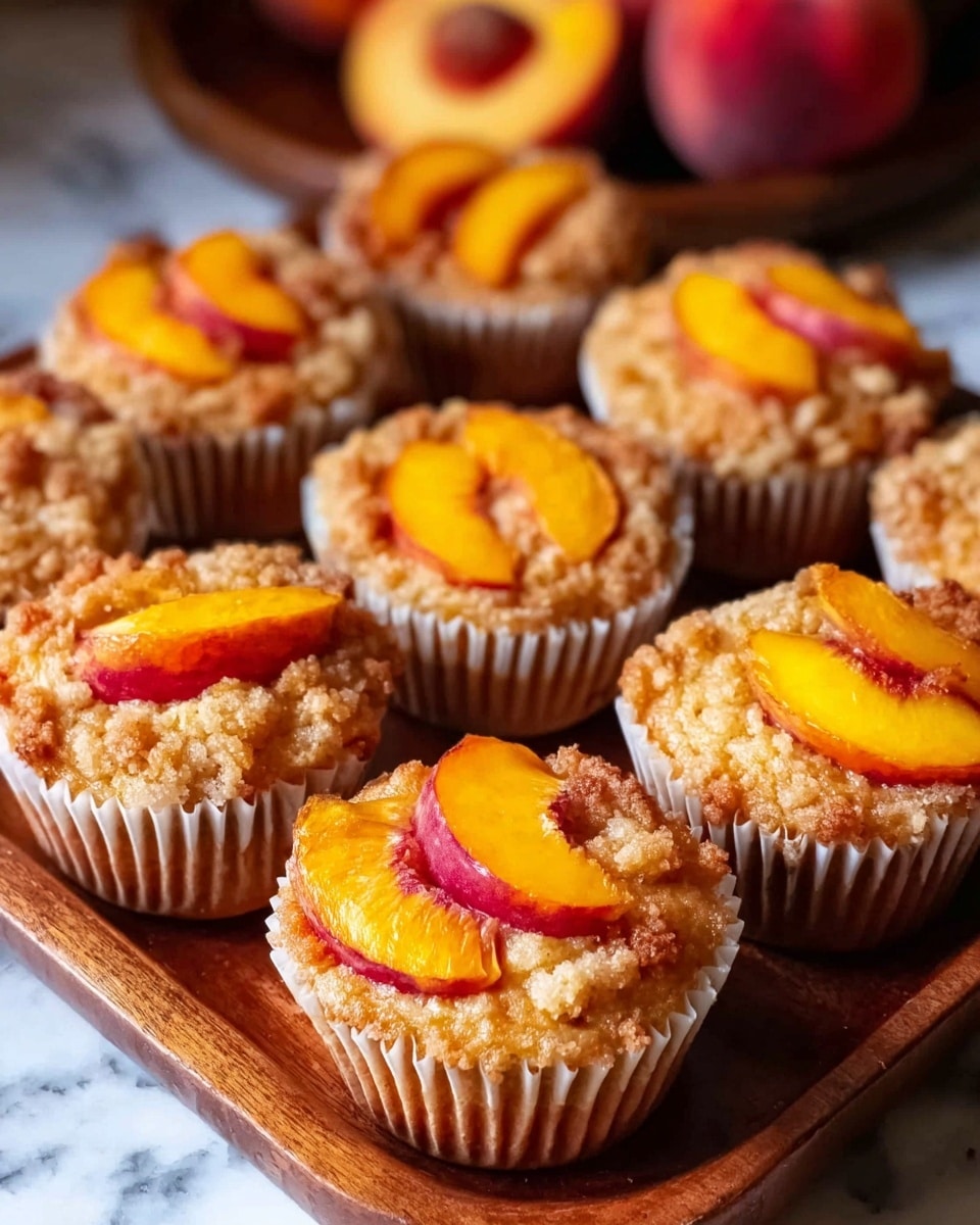 The image shows several small muffins arranged closely on a white plate. Each muffin has a golden brown crust with a slightly crumbly, sugar-coated top layer. In the center of each muffin's top layer, there is a slice of peach with a bright orange and red skin, adding a vibrant color contrast to the light brown surface. The muffins are set against a background with a white marbled texture, and a part of a woman's hand is gently touching one muffin, adding a sense of scale and warmth to the scene. Photo taken with an iphone --ar 4:5 --v 7