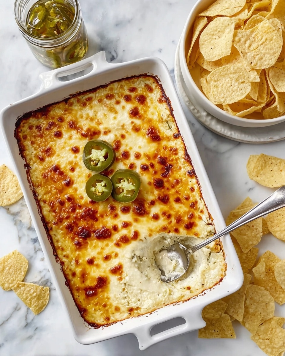 A white rectangular casserole dish filled with a baked dip showing two main layers: a creamy white base mixed with bits of green peppers and other vegetables, and a top layer of golden brown melted cheese with some darker toasted spots. A woman's hand with red nail polish is holding a white tortilla chip dipped in the cheesy top layer and creamy base. The dish is set on a white marbled surface with tortilla chips blurred in the background. Photo taken with an iphone --ar 4:5 --v 7