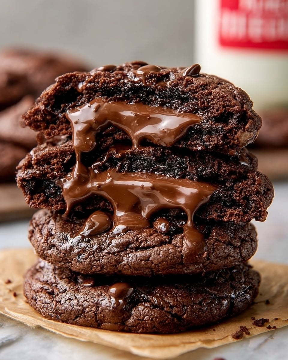 A tall stack of four thick chocolate cookies filled with rich, melted milk chocolate in the middle of each cookie is shown. The cookies are dark brown with a rough, crumbly texture and scattered chocolate chips visible on the outer parts. The creamy chocolate filling is flowing out from the center of each cookie layer, creating a glossy, smooth look that contrasts with the dry cookie texture. The stack sits on light brown parchment paper placed on a white marbled surface. In the background, out of focus, there is a white jar with red text and more cookies. Photo taken with an iphone --ar 4:5 --v 7
