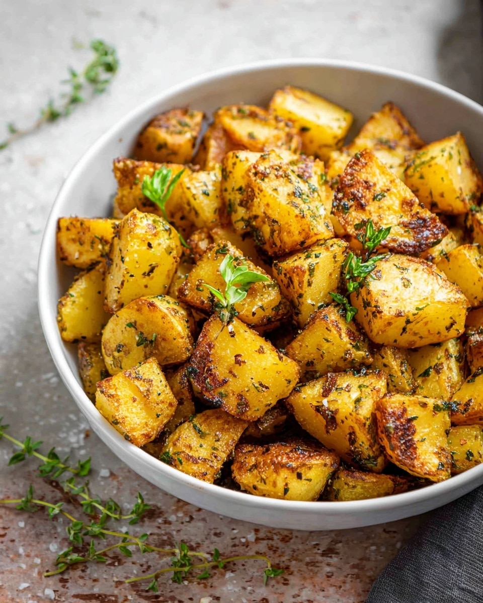The image shows a close-up of many roasted potato pieces spread evenly on a tray lined with parchment paper. The potatoes are cut into small chunks, each with a golden brown color, crispy edges, and a slightly browned surface with visible herbs and spices speckled over them. Small green herb leaves are scattered over the potatoes, adding a fresh contrast to the warm tones. The tray sits on a white marbled surface. photo taken with an iphone --ar 4:5 --v 7