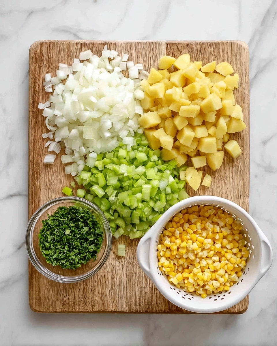 A white bowl filled with creamy chowder soup, showing several layers inside: chunks of yellow potatoes and pieces of light yellow corn kernels float in a pale off-white creamy broth, mixed with small bits of green celery and herbs. The surface is sprinkled with finely chopped fresh green parsley, tiny bits of red pepper flakes, and black pepper specks, giving a speckled look. The bowl sits on a white marbled textured surface with pieces of torn bread beside it, fresh green herbs nearby, and a striped white and black cloth with a black spoon on the side. photo taken with an iphone --ar 4:5 --v 7