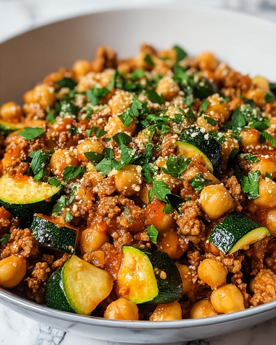 A dish in a close-up view inside a white bowl showing cooked chickpeas mixed with browned ground meat and chunks of green-skinned zucchini with pale yellow flesh. The mixture is coated with a glossy, chunky orange tomato sauce and sprinkled with chopped fresh green parsley on the top. Small granules of light-colored grated cheese or seasoning are scattered over the dish. The background has a white marbled texture. photo taken with an iphone --ar 4:5 --v 7