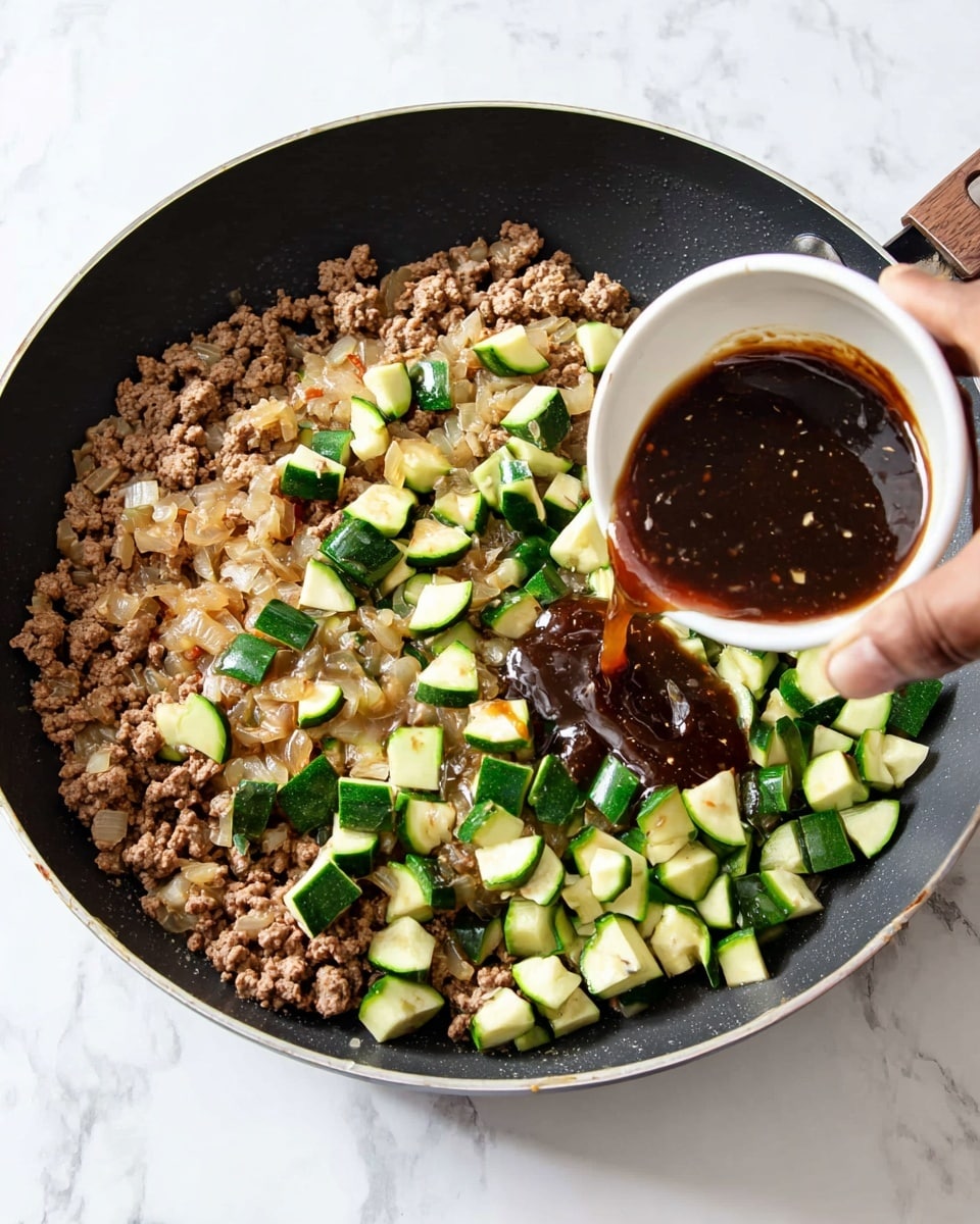 A large black frying pan sits on a white marbled surface, filled with three visible layers: the bottom layer is light browned cooked ground meat mixed with sautéed translucent onions, the middle layer is bright green diced zucchini pieces scattered on top, and the top layer is a dark brown sauce being poured over the dish from a small white bowl held by a dark skin woman's hand. The sauce glistens as it spreads unevenly across the meat and zucchini. Photo taken with an iphone --ar 4:5 --v 7