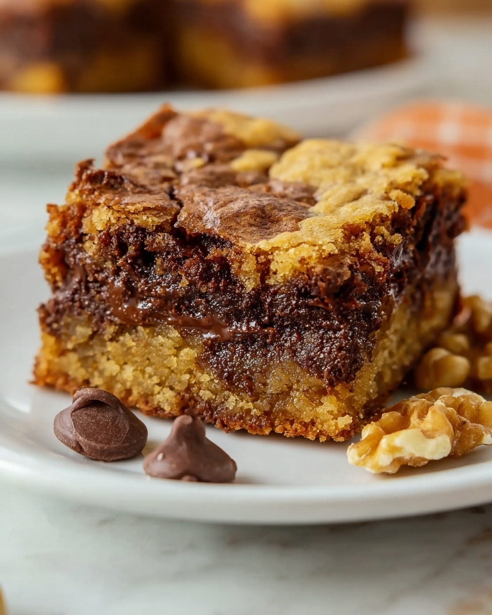 The image shows several square brownie pieces arranged closely on a white plate with vertical ridges. Each brownie has two visible layers: a bottom dark brown layer that looks moist and dense with a fudgy texture, and a top layer with swirls of light brown and darker chocolate brown, creating a marbled pattern. The top layer is slightly cracked and glossy, adding a baked look. The background is a white marbled surface, making the brownies stand out. photo taken with an iphone --ar 4:5 --v 7