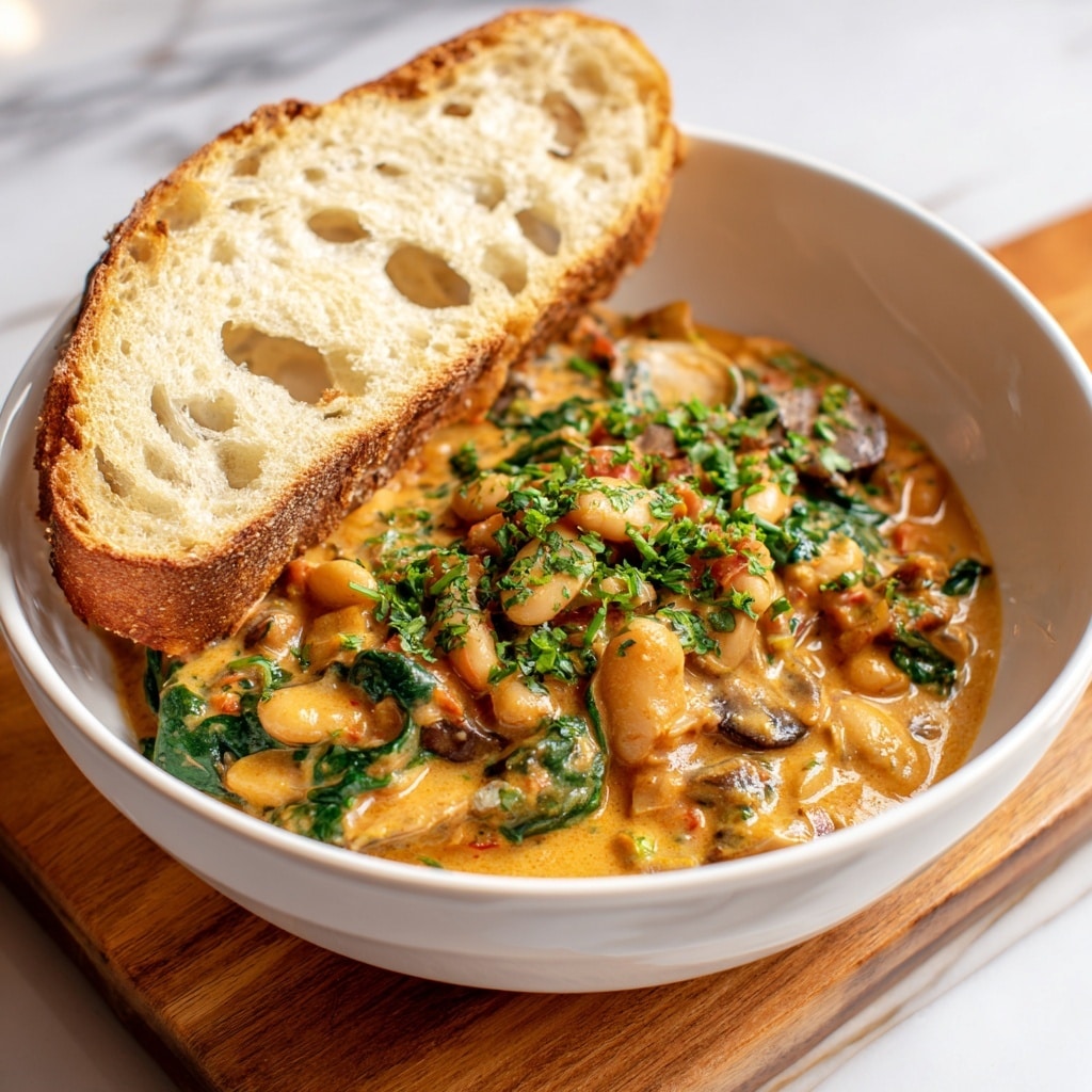 A white frying pan filled with a creamy orange pasta dish made of small gnocchi pieces covered in a thick sauce with roasted spinach leaves mixed throughout, and sprinkled with chopped fresh green basil and whole basil leaves on top; a long golden spoon rests inside on the right side, with a few pieces of bread around on a white marbled texture beneath, and a wooden board partially visible under the pan's handle. photo taken with an iphone --ar 4:5 --v 7