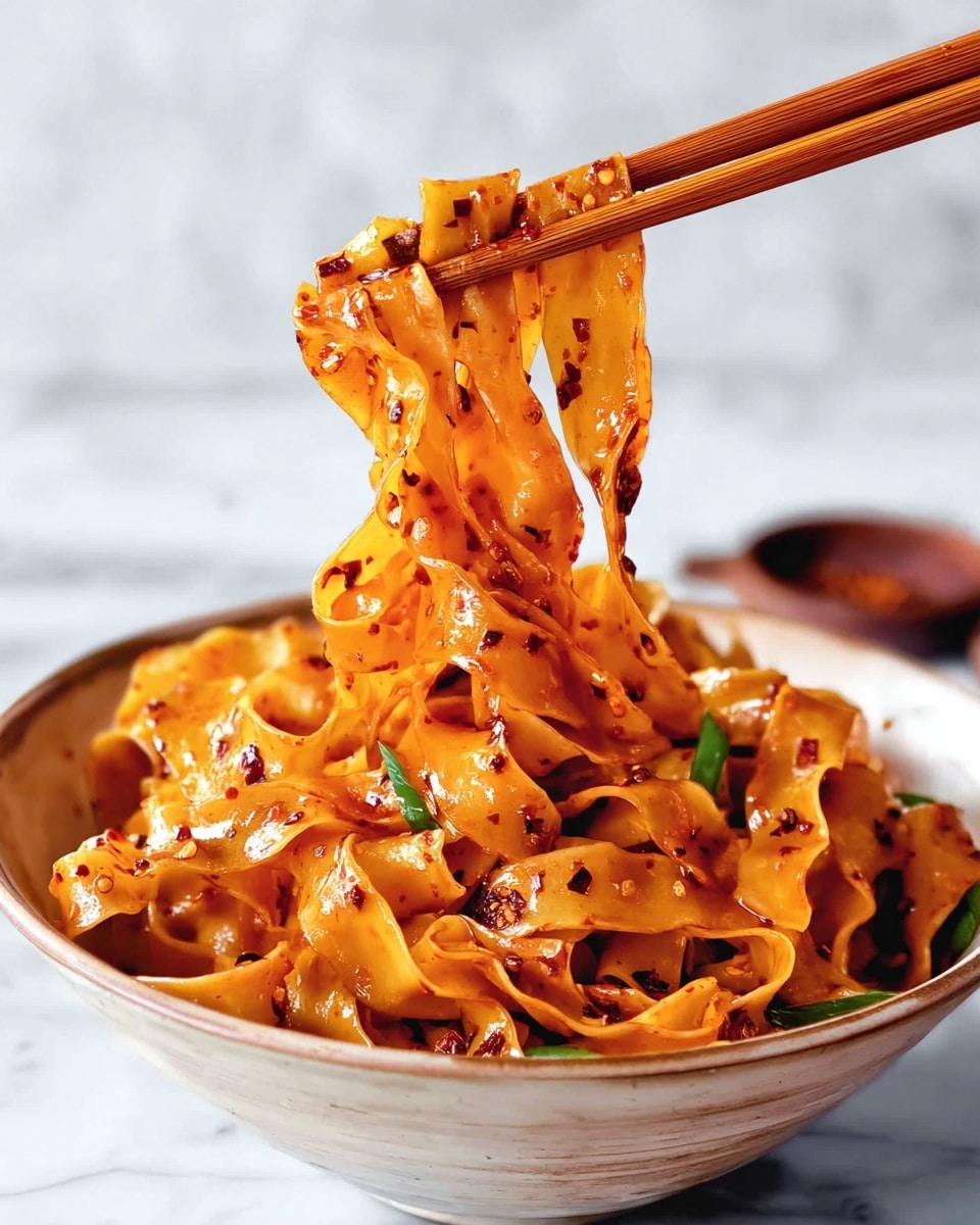 A bowl filled with wide, flat noodles coated in a shiny, reddish-orange spicy sauce is the main focus, with dark chili oil bits and white sesame seeds scattered on top. Green slices of scallions are spread evenly across the noodles, adding a fresh touch. Two thin, brown wooden chopsticks rest on the right side of the bowl, partially touching the noodles. The bowl is white and sits on a round wooden board, set against a white marbled textured background. In the blurry background, there is a white bowl with fresh green leaves. photo taken with an iphone --ar 4:5 --v 7