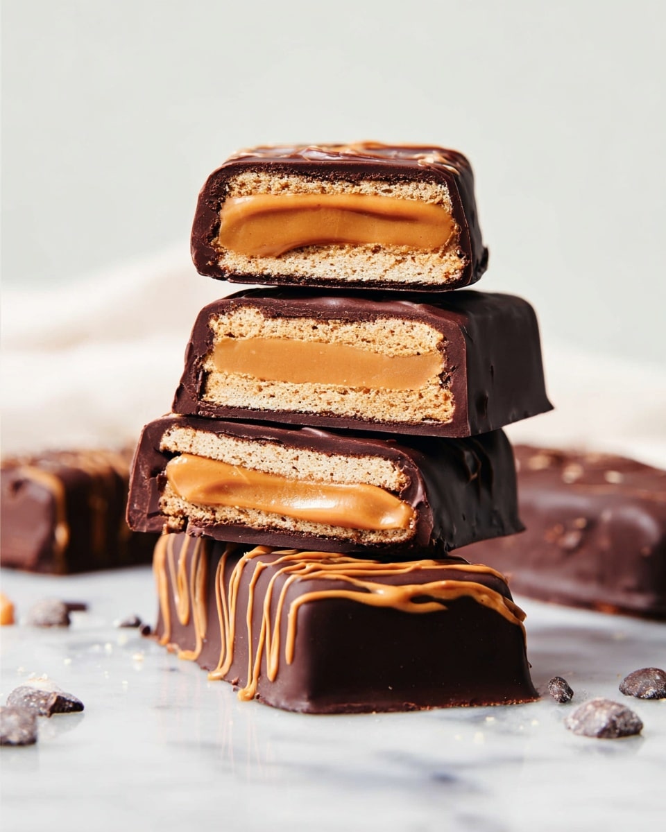 The image shows multiple square cookies arranged neatly on a black cooling rack, placed over a white marbled surface. Each cookie has a smooth, glossy layer of dark brown chocolate coating covering the entire top and sides. On top of the chocolate, there are thick, pale caramel-colored zigzag lines drizzled evenly across the cookies. Some extra caramel drips are visible on the white marbled surface beneath the rack. The cookies have crisp edges and a slightly raised texture under the chocolate layer. Photo taken with an iphone --ar 4:5 --v 7