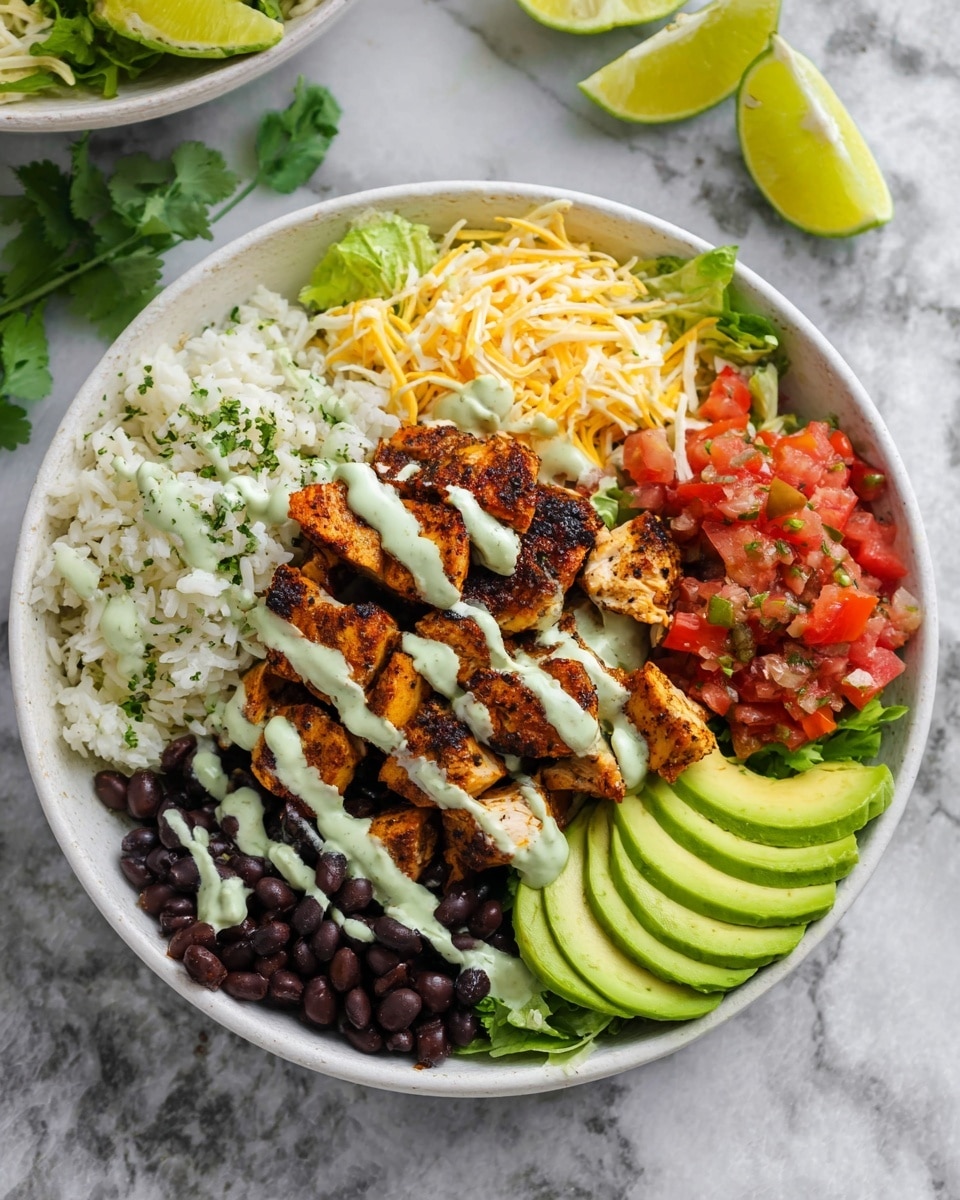A white plate holds a colorful bowl with six main layers arranged side by side: bright green sliced avocado fanned out on the right, black beans below it, dark brown grilled chicken pieces in the center topped with light green creamy drizzle, white rice mixed with herbs on the left, shredded yellow cheese at the top center, and red diced tomato salsa beside the cheese. Behind the chicken and rice is a slice of green lime and some fresh green cilantro leaves. The plate is placed on a white marbled surface with two lime wedges nearby. Photo taken with an iphone --ar 4:5 --v 7