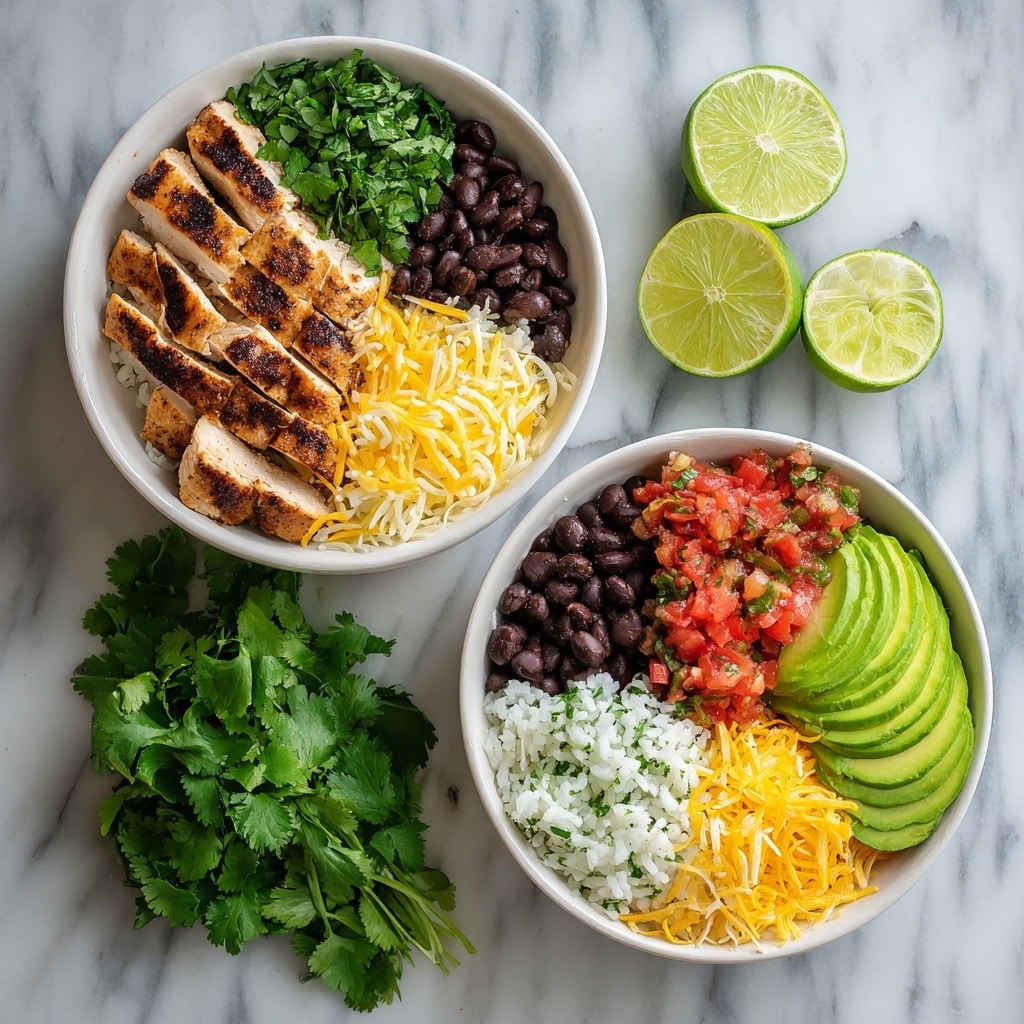 A close-up of a white bowl held by a woman's hand filled with layers of food starting with a base of light brown rice. On top, there are grilled, dark brown seasoned chicken cubes placed in the center. Surrounding the chicken, there are charred yellow pineapple pieces, sliced light green avocado with black beans scattered over, bright red halved cherry tomatoes, and grilled corn kernels with some white sauce or dressing. Fresh green cilantro leaves are sprinkled over the whole dish. The bowl sits on a white marbled surface. Photo taken with an iphone --ar 4:5 --v 7