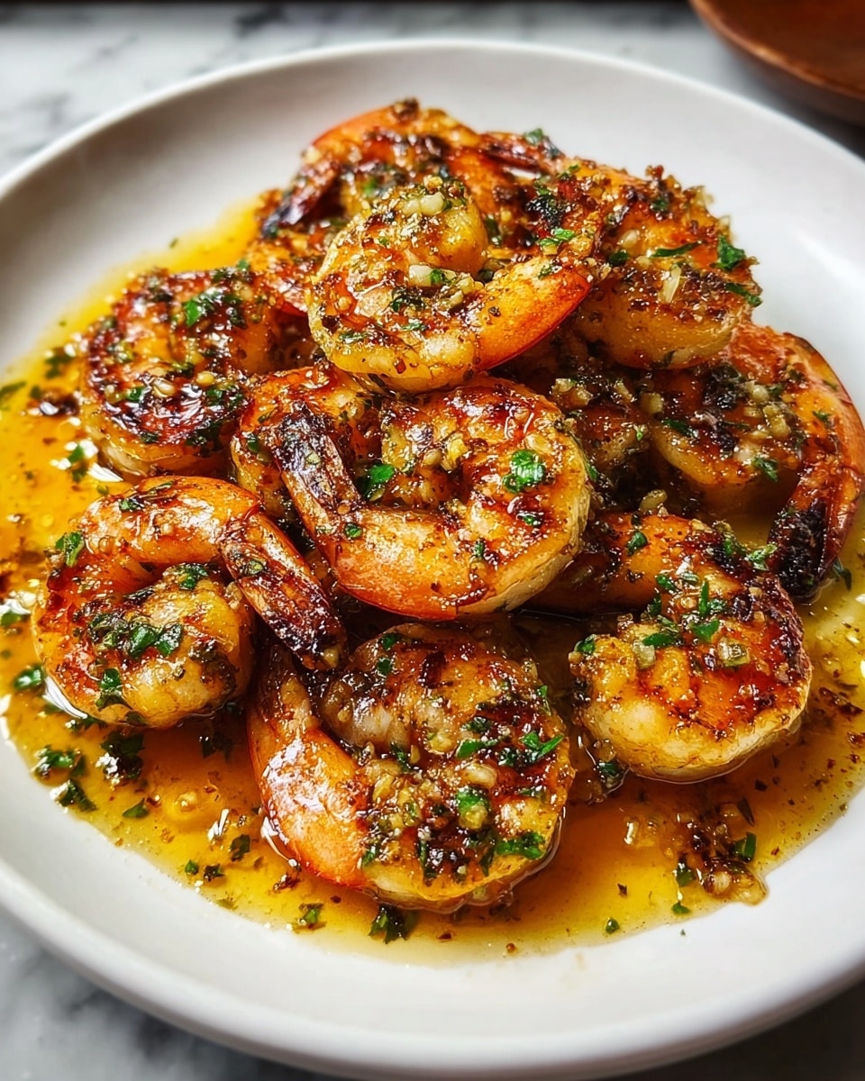 A white round plate holds a serving of golden-brown shrimp cooked with a glistening, oily garlic herb sauce. The shrimp are slightly curled, showing a mix of charred and juicy textures. Small bits of green herbs and finely chopped garlic are scattered over and among the shrimp, adding color contrast. The sauce pools at the base of the plate with a warm amber shine, enhancing the rich, cooked look of the shrimp. The plate is set on a white marbled surface, creating a bright and clean background for the dish. photo taken with an iphone --ar 4:5 --v 7