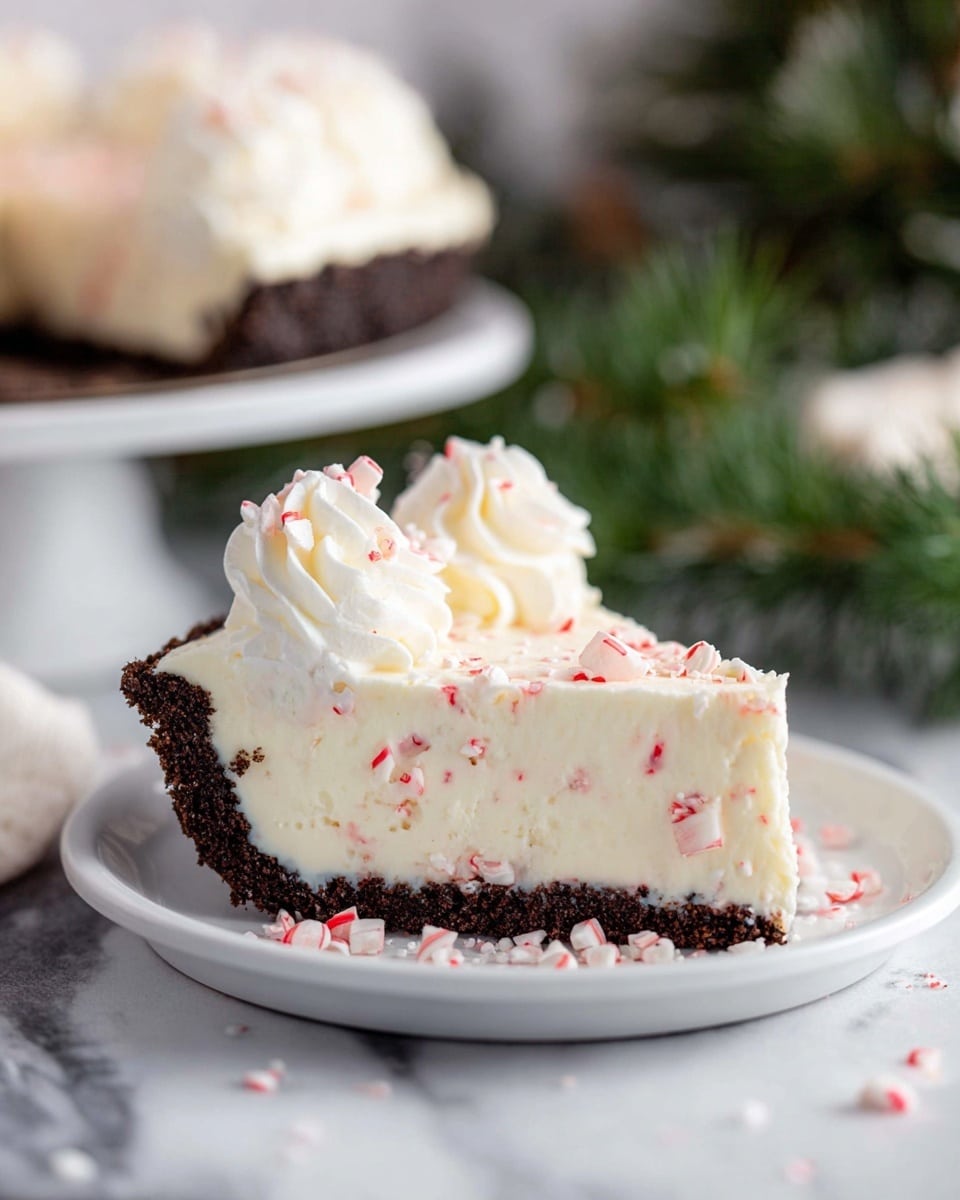 A round cake with three visible layers sits on a white plate on a white marbled surface. The bottom layer is thick and dark brown with a crumbly texture, the middle layer is creamy off-white and smooth, topped by a thick white cream layer sprinkled lightly with small red and white candy pieces. Each slice has a swirl of white whipped cream on top, decorated with small red and white candy bits. The background shows blurred green pine branches adding a festive feel. Photo taken with an iphone --ar 4:5 --v 7