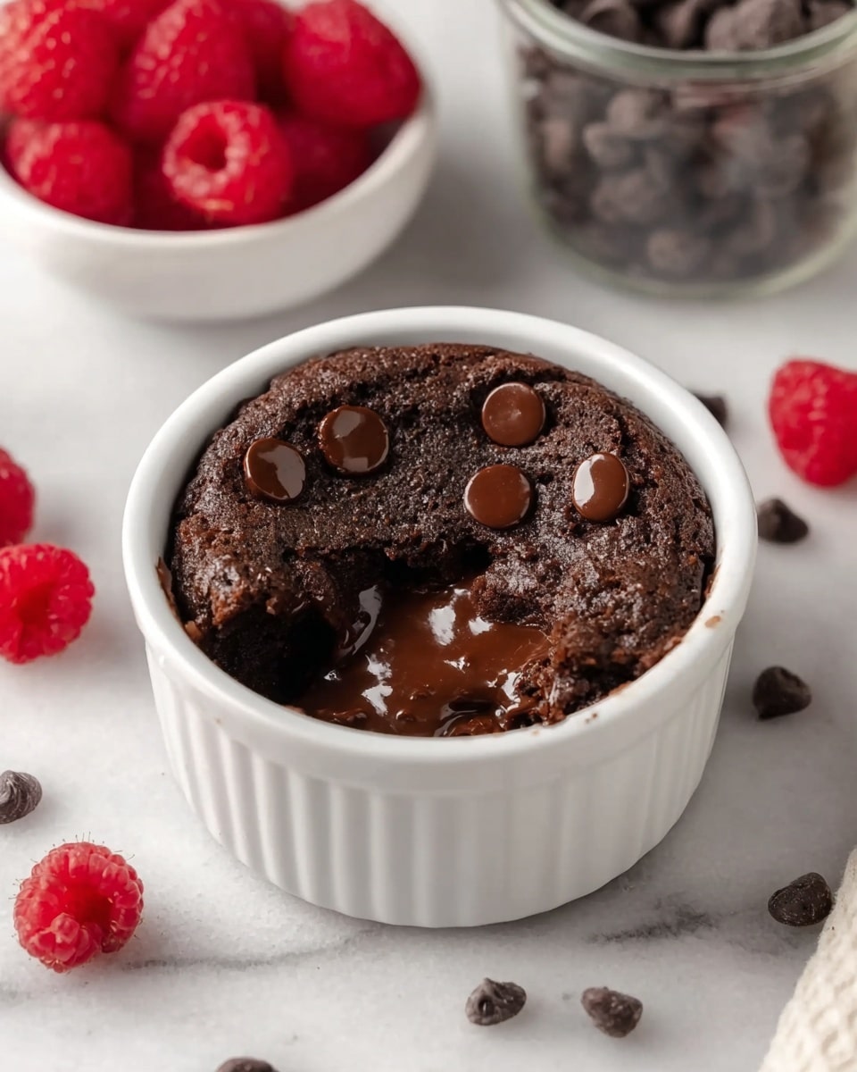 A single white ceramic ramekin filled with a dark, rich chocolate cake-like dessert that has a rough, cracked top texture. Scattered on the surface of the cake are several smooth, glossy, medium-sized chocolate chips, placed unevenly for a natural look. The ramekin sits on a white marbled texture, with parts of other white ramekins and glass jar filled with chocolate chips blurred in the background. Two ornate silver spoons with detailed handles rest beside the ramekin. photo taken with an iphone --ar 4:5 --v 7