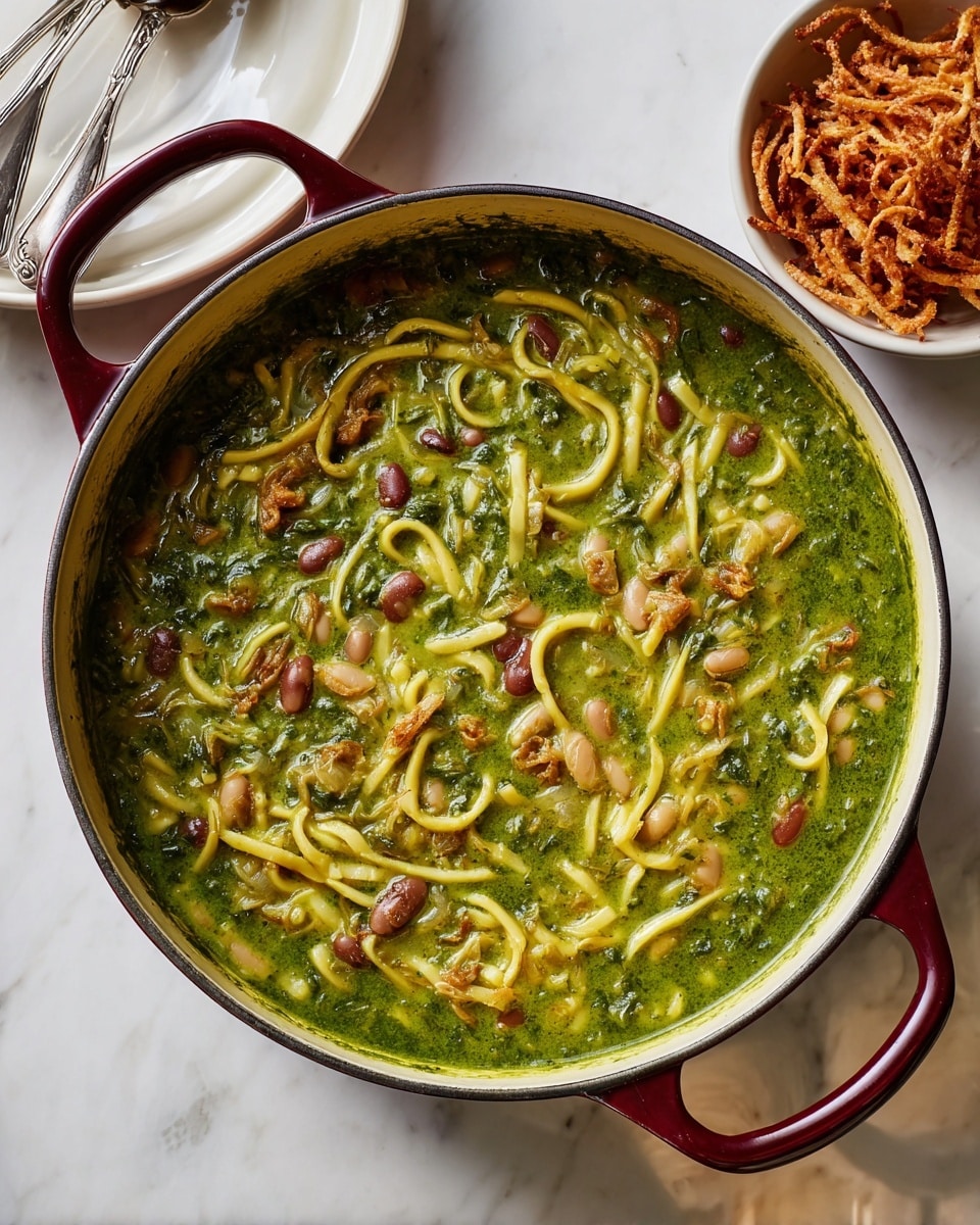A bowl filled with thick, greenish-yellow stew made of lentils and chickpeas, mixed with kidney beans and noodles, with visible dark green herb bits throughout; on top, a layer of white yogurt or cream partially covered by a drizzle of chunky, dark red-brown spicy oil with chili flakes and seeds, all served in a textured beige bowl placed on a white marbled surface with a wooden board underneath, and a lemon wedge nearby. photo taken with an iphone --ar 4:5 --v 7