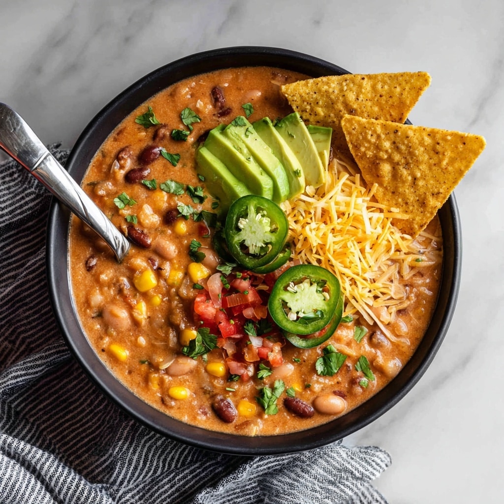 A white bowl filled with thick chili soup containing visible layers of red kidney beans, yellow corn, and grains mixed into a reddish-brown broth. On top, there are three distinct toppings arranged in sections: diced green avocado pieces, finely chopped red tomatoes with green herbs, and shredded yellow and white cheese. Two yellow tortilla chips stand upright on the side of the bowl. A silver spoon rests inside the bowl on the right side. The bowl sits on a white marbled surface with some lime wedges nearby. photo taken with an iphone --ar 4:5 --v 7
