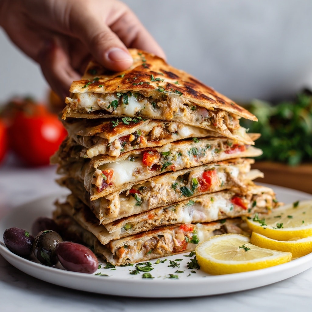 The image shows a tall stack of folded quesadilla slices on a white plate, each slice made of golden-brown grilled flatbread. Between the layers, there are visible fillings that include melted white cheese, green chopped herbs, small pieces of cooked meat, and bits of red bell pepper, all mixed together to create a colorful, textured look. At the front of the plate, there are three lemon wedges and a few dark olives scattered around, adding contrast in color. The background features a blurred bunch of some fresh greens and tomatoes, all placed on a white marbled surface. Photo taken with an iphone --ar 4:5 --v 7