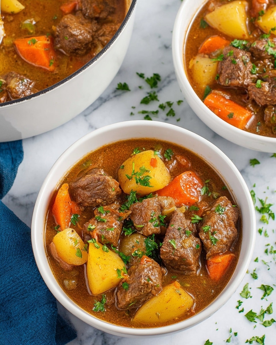 The image shows a white bowl filled with a rich beef stew, featuring chunky pieces of brown beef, bright yellow potato wedges, and large orange carrot slices in a thick, brown broth. Fresh green parsley is sprinkled on top, adding a touch of color. The bowl is placed on a wooden board. In the background, there are three tall dark bottles with gold harp logos and another white bowl filled with green parsley, all set on a white marbled surface. photo taken with an iphone --ar 4:5 --v 7