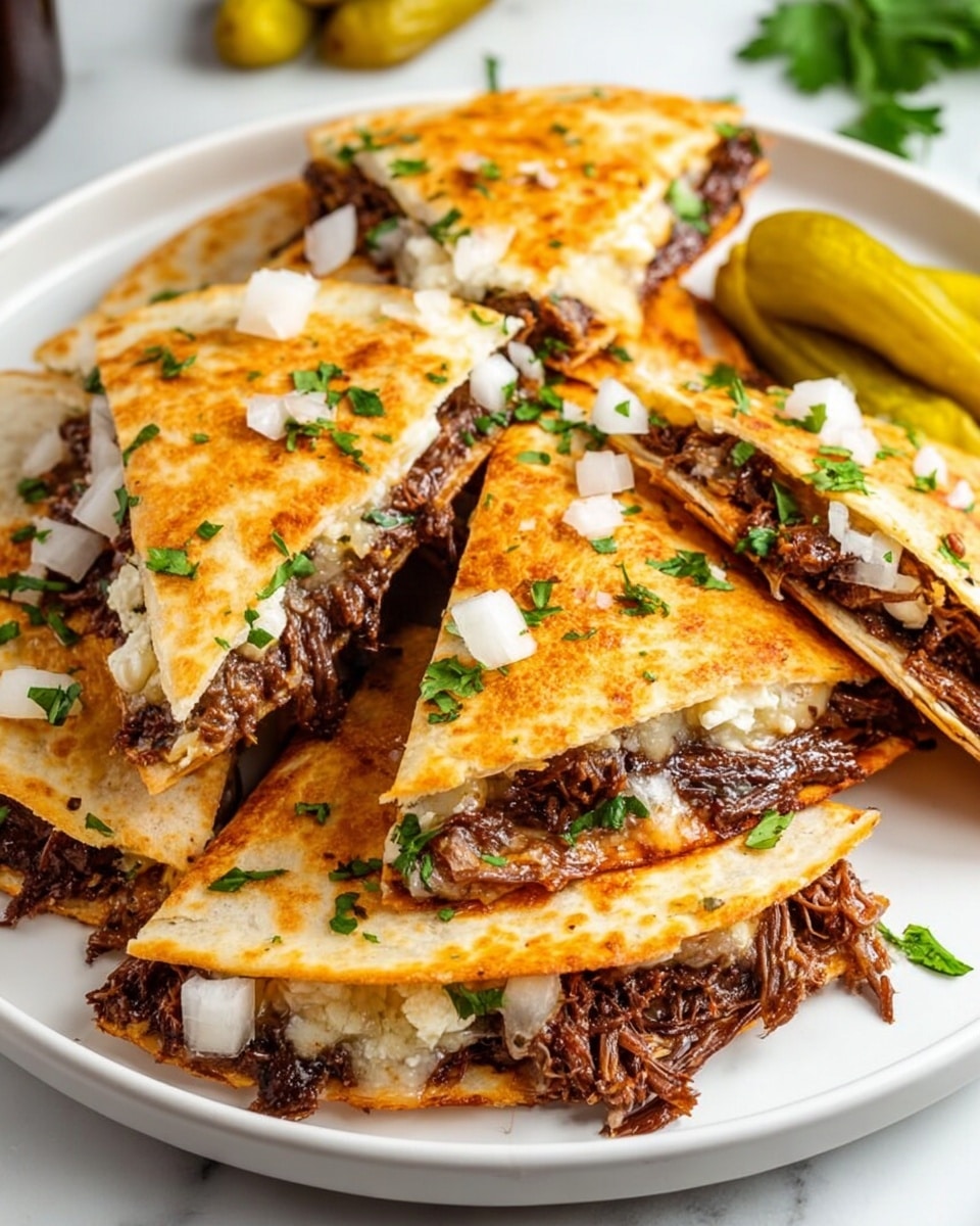 A white plate holds six folded quesadillas arranged in a slightly overlapping circle, each quesadilla showing a warm golden-brown toasted tortilla with visible spots of crispness. Inside, there is shredded, dark brown beef peeking out slightly from between the tortilla layers, which appear soft yet toasted. The quesadillas are garnished with small, white diced onions and sprinkled fresh green cilantro leaves on top. Three bright yellow pepperoncini peppers rest on the plate around the quesadillas. Surrounding the plate, there are small white bowls filled with chopped green herbs, white diced onions, and more yellow pepperoncini peppers. The background is a white marbled texture and a bunch of fresh cilantro sits on a dark speckled tray nearby. photo taken with an iphone --ar 4:5 --v 7