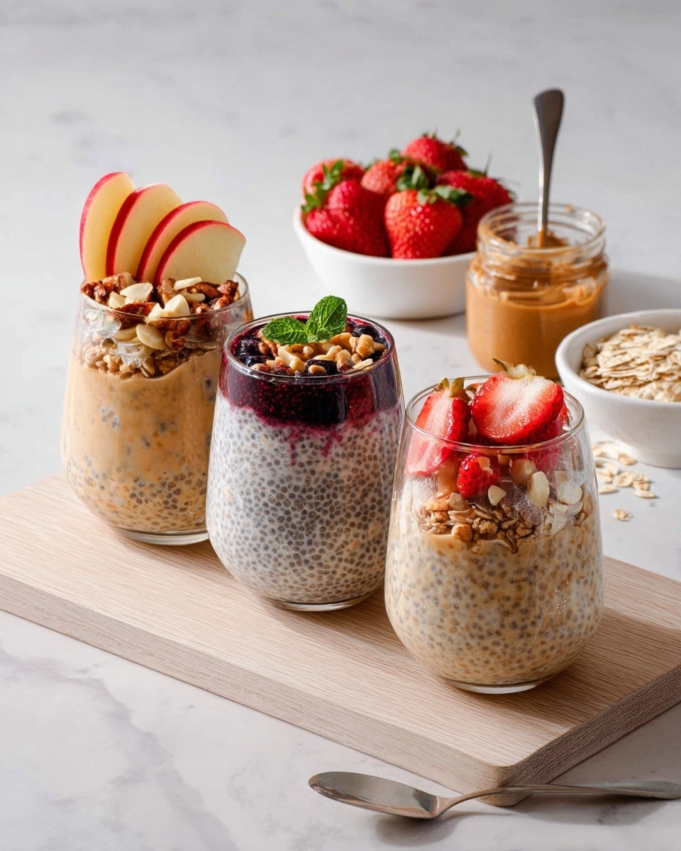Three clear glasses filled with layers of chia pudding and oats sit on a light wooden board. The first glass on the left has a creamy beige base with visible chia seeds, topped with chopped apple pieces, brown nuts, and thin red apple slices standing upright at the back side. The middle glass shows a mix of creamy oats and dark purple blueberry jam, layered with peanut butter and garnished with red raspberries, a green mint leaf, and crushed peanuts on top. The glass on the right holds a light beige base with chia seeds and oats, decorated with chopped strawberries and a large strawberry slice leaning on one side. Behind the tray on a white marbled surface are small white bowls with strawberries, apple close-up, blueberry jam, and oats, along with a clear jar of peanut butter with a silver spoon. Photo taken with an iphone --ar 4:5 --v 7