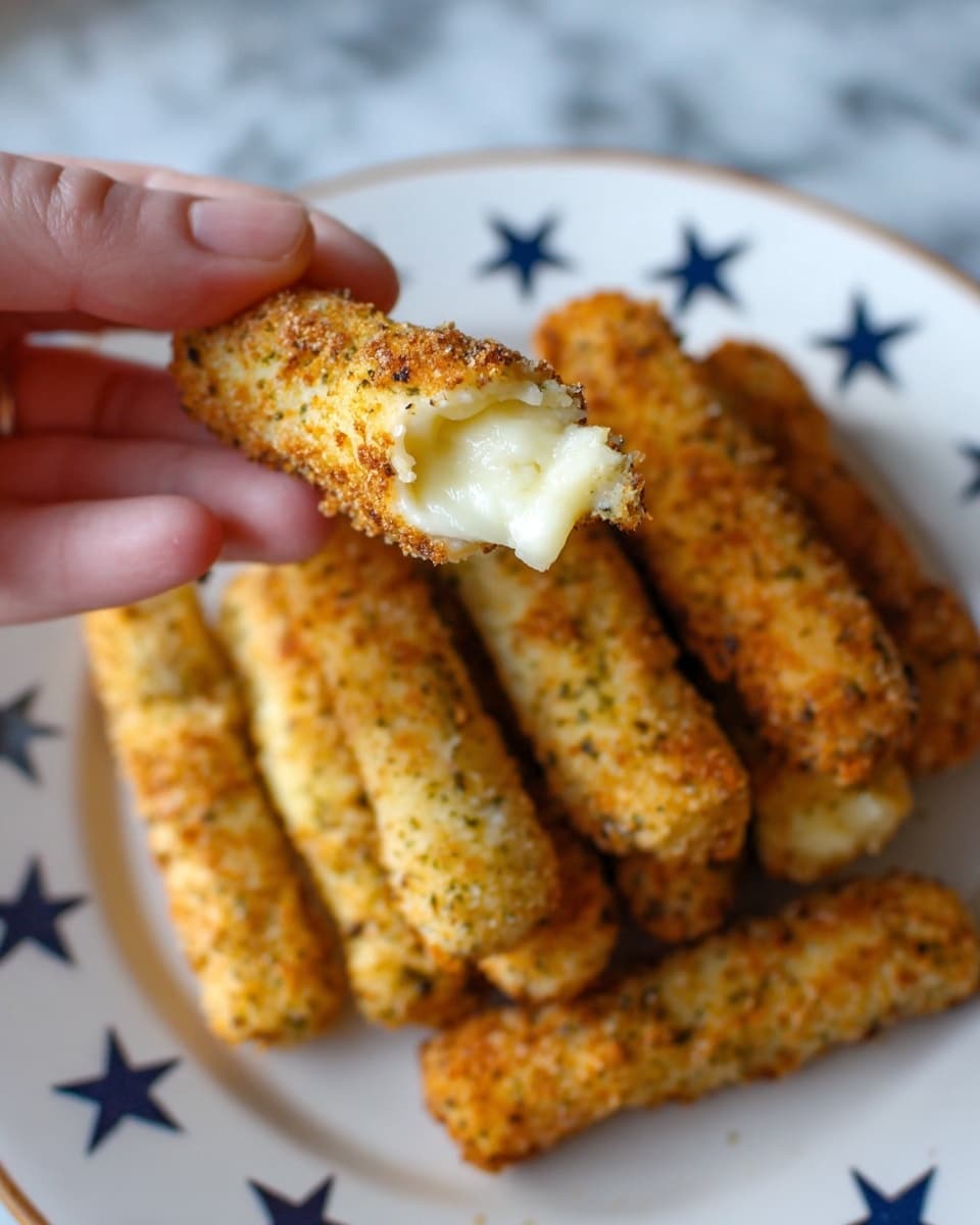 A close-up of seven crispy, golden-brown mozzarella sticks stacked on a white plate with blue stars near the edge. The mozzarella sticks have a coarse, crunchy breadcrumb coating with flecks of green herbs, and one stick has a bite taken out, revealing melted, soft white cheese inside. The texture of the breading looks crunchy and seasoned, covering the creamy cheese that slightly oozes out at the ends. The plate sits on a white marbled surface. photo taken with an iphone --ar 4:5 --v 7