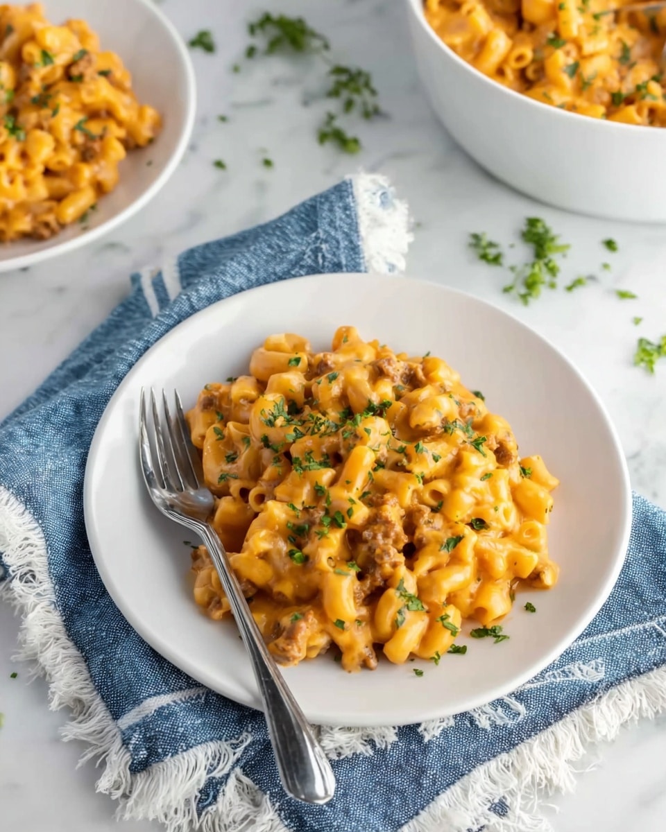 The image shows a black cast iron skillet filled with creamy macaroni and cheese mixed with ground meat. The dish has one main layer of elbow macaroni pasta covered in thick, orange cheese sauce with small brown meat chunks mixed in. The macaroni is garnished with small green herb pieces scattered on top. A woman's hand is holding a spoon lifting a portion of the mac and cheese out of the skillet. The skillet sits on a white marbled surface with some green herbs in the background and a blue cloth with forks near the bottom right corner. Photo taken with an iphone --ar 4:5 --v 7