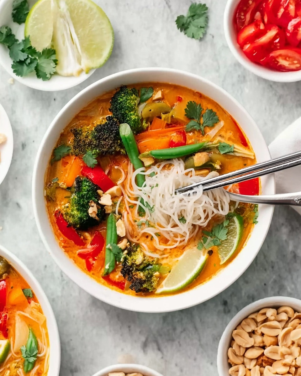 A white bowl filled with orange broth and thin white noodles sits on a white marbled surface. Inside the bowl, there are green broccoli florets, green beans, red bell pepper chunks, and orange carrot slices scattered throughout. On the surface, there are also some chopped peanuts and fresh green herbs. A wedge of lime rests on the edge of the bowl. Silver chopsticks are lifting a small bundle of noodles from the center of the bowl. Nearby, there are small white bowls, one filled with chopped red tomatoes and another with more chopped peanuts. Photo taken with an iphone --ar 4:5 --v 7