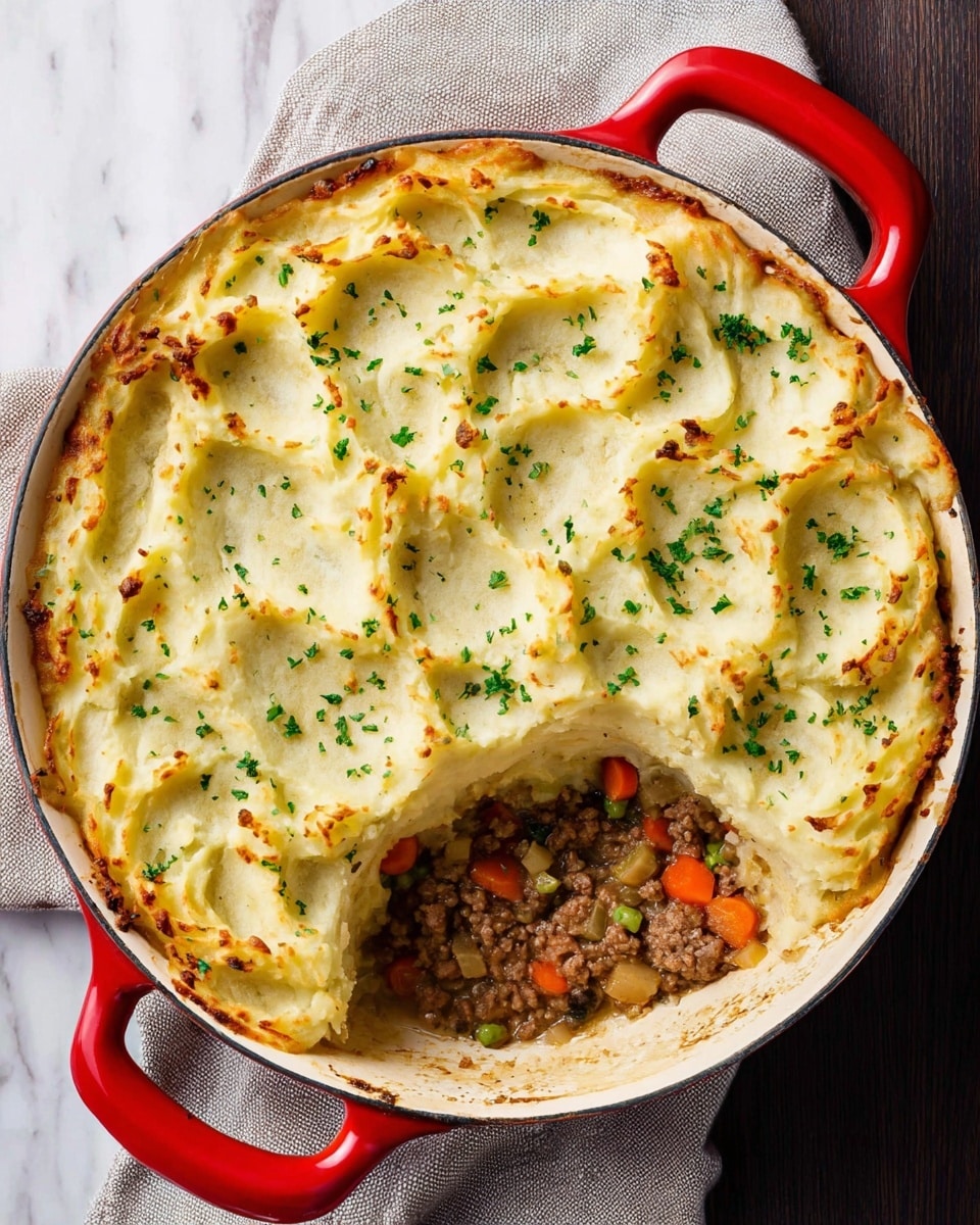 A red pot filled with a baked layer of golden brown mashed potatoes sprinkled with green parsley on top. The surface is slightly uneven with some crisped, browned spots showing a creamy texture. The pot sits on a white cloth over a dark wooden surface with evergreen branches and a lit candle in a wooden holder in the background, giving a cozy feel. Photo taken with an iphone --ar 4:5 --v 7