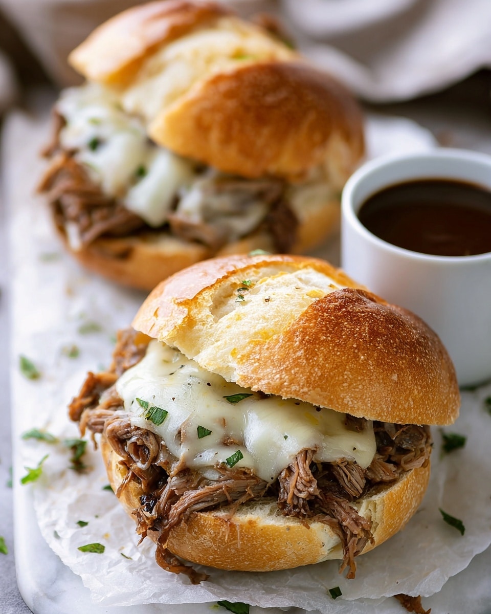Two sandwiches on a sheet of parchment paper on a white marbled surface, each with a crusty golden-brown bun split open. The bottom bun holds tender, shredded brown meat covered with melted white cheese, and garnished with small green herb pieces. The top bun is soft with a slightly toasted look. In the background, a small white cup filled with dark brown sauce is visible. Scattered green herbs complete the scene. Photo taken with an iphone --ar 4:5 --v 7