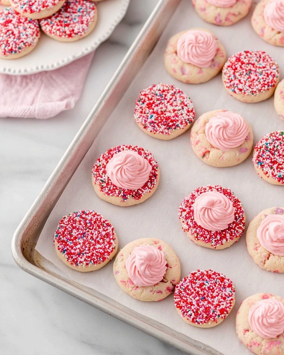 The image shows a plate full of round cookies with two main designs: one type is coated with sugar crystals, light pink in color, creating a rough texture, and topped with a smooth, glossy dollop of soft pink frosting in the center; the other type is covered in small round sprinkles in shades of red, pink, and white, giving a bumpy texture, also topped with the same soft pink frosting dollop in the middle. The cookies are placed closely on a white plate with a delicate pink leaf pattern. The background is a white marbled surface with a few more cookies and a glass of milk partially visible. photo taken with an iphone --ar 4:5 --v 7