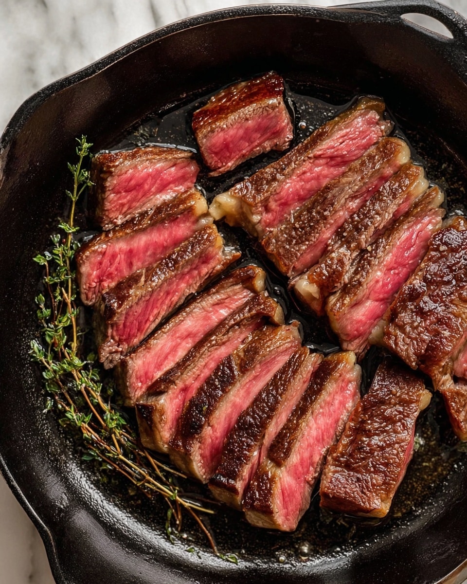 The image shows a cast iron pan with eight slices of medium-rare steak arranged closely, each steak slice has a thin browned outer crust and a juicy pink center that looks tender and moist. The steak slices vary slightly in thickness and are angled in a semi-fan pattern along the left side of the pan. Small sprigs of browned thyme lie between and next to the steak slices, adding texture and color contrast. The black surface of the pan has droplets of cooking oil that give off a shiny wet look, emphasizing the steak’s juicy nature. The background is a white marbled texture. photo taken with an iphone --ar 4:5 --v 7
