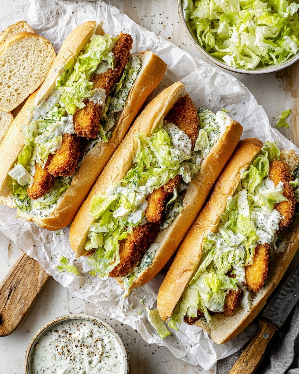 Four sandwiches are lined up side by side on a white marbled surface covered partially with crumpled white parchment paper, each in a white hoagie roll sliced open to reveal layers inside. The base layer is a toasted bread with a speckled green herb butter spread, followed by a thick, crispy golden-brown breaded fried fillet, topped with light green, roughly chopped lettuce coated in a creamy white sauce and sprinkled with finely grated white cheese. To the right side, there is a small white bowl filled with a white creamy dip topped with black pepper, while the top left corner shows a partially visible bowl also holding chopped lettuce in creamy dressing. A knife with a wooden handle rests diagonally across the wooden board underneath the sandwiches. Photo taken with an iphone --ar 4:5 --v 7