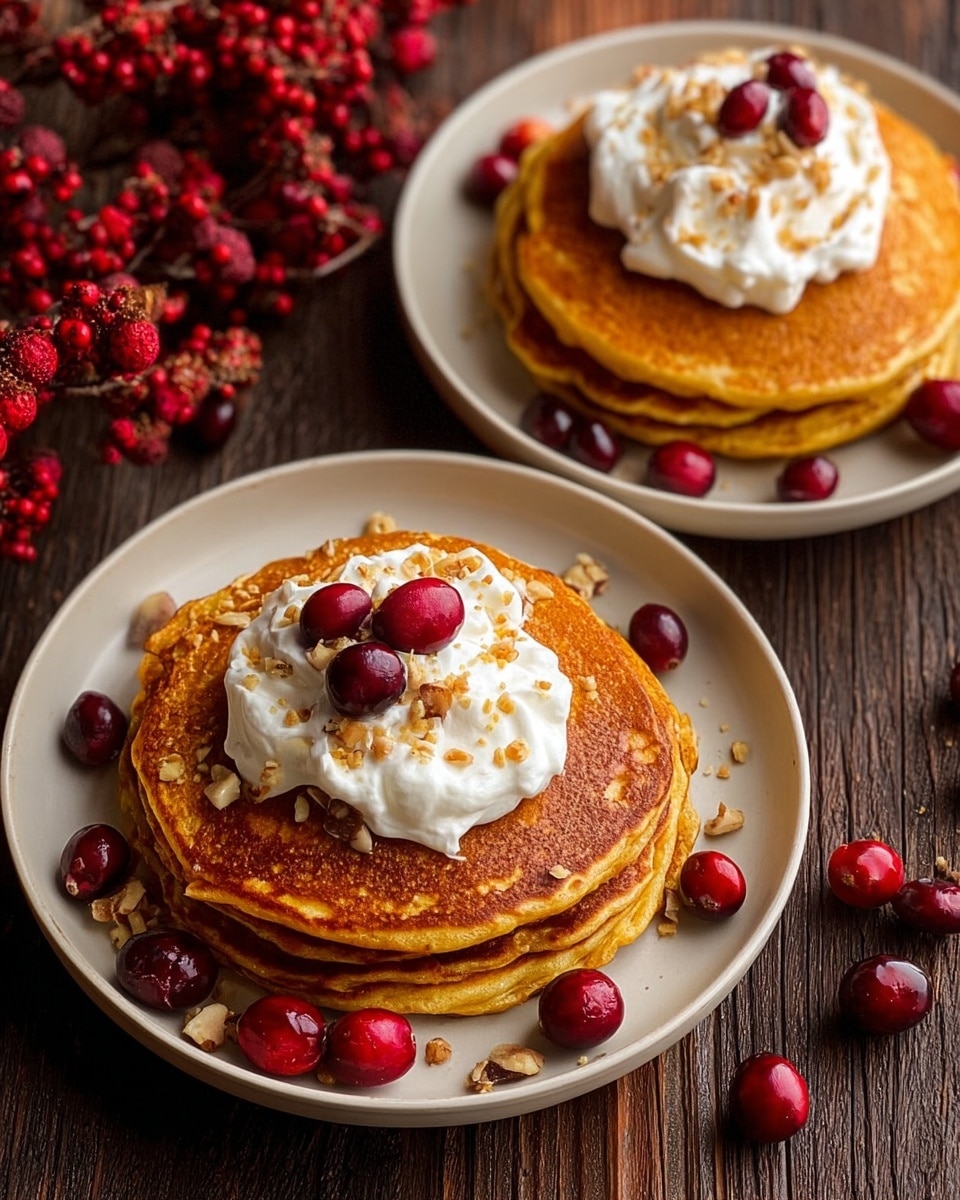 A tall stack of nine golden brown pancakes sits neatly on a white speckled plate, each pancake thick and fluffy with slightly uneven edges and small holes visible throughout. On top of the stack is a square pat of melting butter, glossy and pale yellow, with amber syrup being poured over it, dripping down the sides in thin streams that catch the light. Around the base of the plate, there are a few red cranberries and small chopped nuts scattered on a white marbled surface. The background is softly blurred and warm brown, making the warm tones of the pancakes stand out clearly. photo taken with an iphone --ar 4:5 --v 7