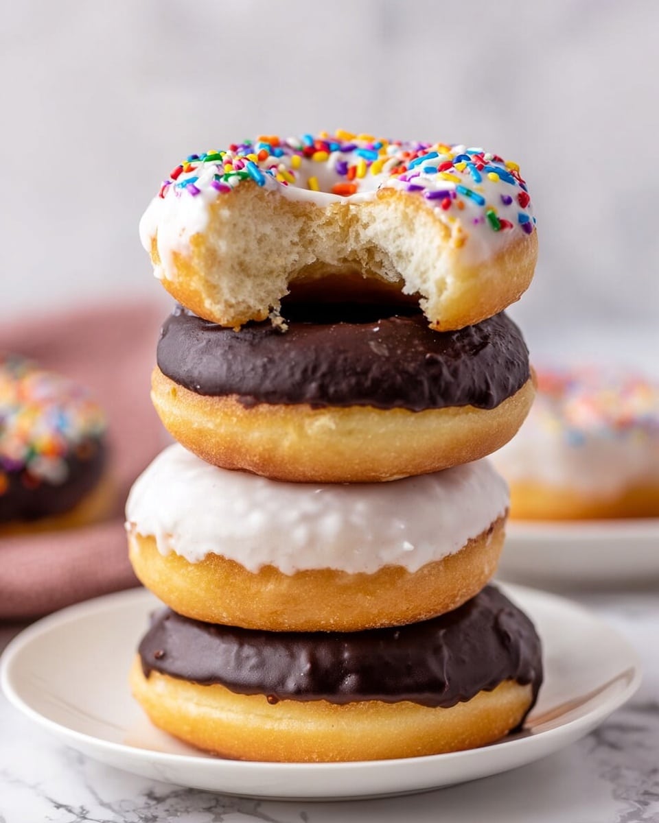 A white plate holds seven donuts arranged close together on a white marbled surface. Four donuts have a smooth chocolate glaze covering the top with a shiny, rich dark brown color, and their golden edges peek out at the sides. Three other donuts are covered with a smooth white icing topped with colorful small sprinkles in red, blue, green, yellow, purple, orange, and white scattered unevenly. One of the white-iced donuts is partly eaten, showing its soft light yellow inside. The overall look shows a mix of bright and dark colors and soft textures. Photo taken with an iphone --ar 4:5 --v 7