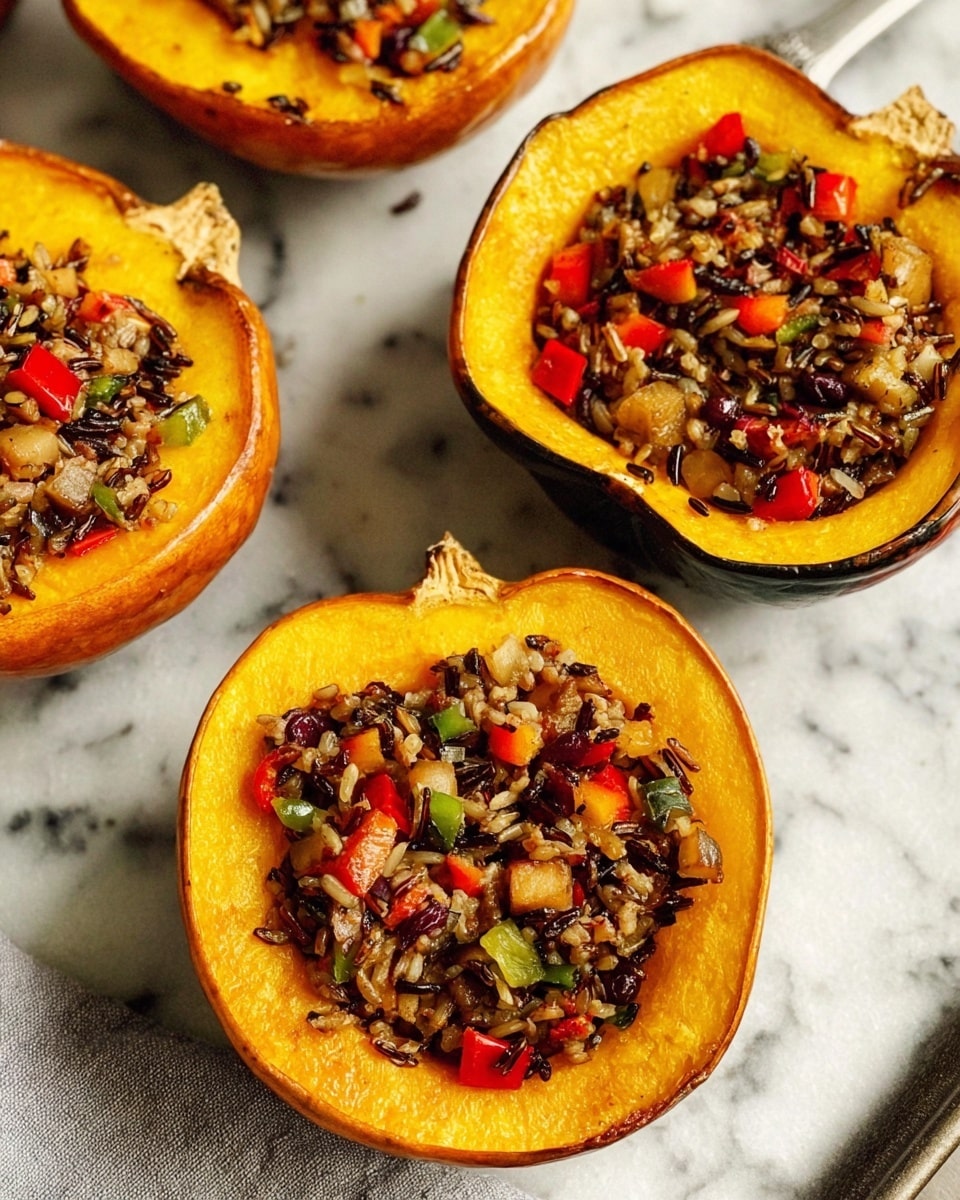 The image shows four halved orange acorn squashes placed on a white marbled surface, each filled with a colorful stuffing made of mixed wild rice, diced red and green bell peppers, and small brown vegetable or meat pieces. The squash acts as a thick yellow-orange bowl with a glossy, slightly browned edge, contrasting with the textured and vibrant filling full of small grains and vegetable bits. The overall look is warm and rustic, with the stuffing slightly mounded above the squash edges. photo taken with an iphone --ar 4:5 --v 7