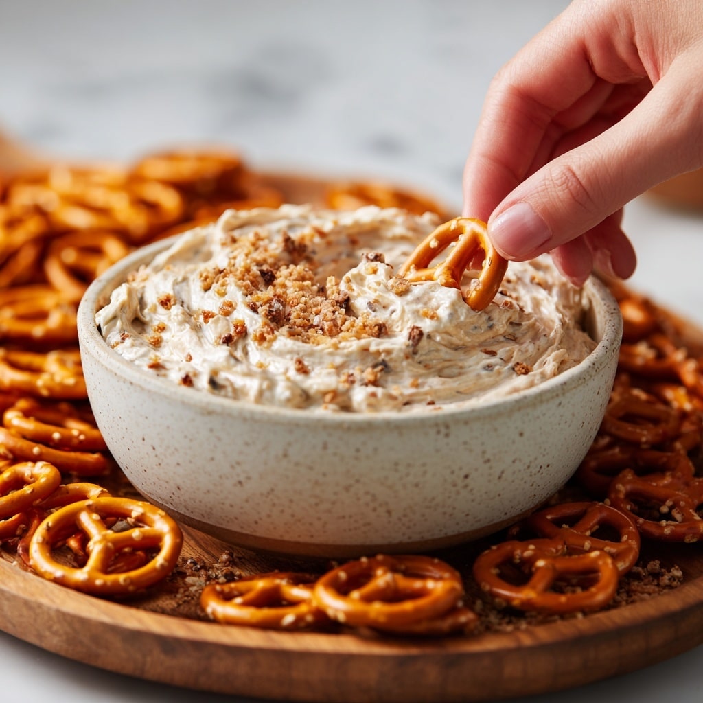 A white bowl filled with a thick, light brown creamy dip that has a slightly swirled texture and is topped with crumbled bits of a lighter tan color. One small, glossy pretzel piece is partially dipped into the spread, standing out with its golden brown color and salt crystals. Around the bowl, there are many pretzel pieces with a shiny, baked texture and a warm brown color placed on a white marbled surface. Some pretzels are whole while others show broken edges, adding a rustic feel. photo taken with an iphone --ar 4:5 --v 7