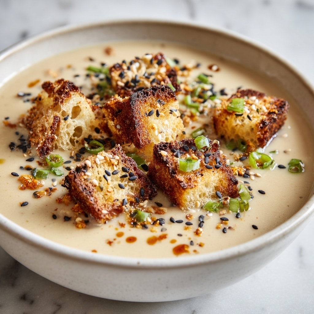 A white bowl filled with creamy light beige soup, topped with several pieces of torn toasted bread that have a golden brown crust and soft inside. Small chopped green onions add a fresh green touch scattered on top. Tiny black and white sesame seeds, along with some crunchy seasoning, are sprinkled over the soup, giving more texture and color contrast. The bowl is placed on a wooden surface, with part of another bowl of soup and two glasses of light-colored liquid visible nearby. A piece of torn bread is placed on the surface close to the bowl. photo taken with an iphone --ar 4:5 --v 7