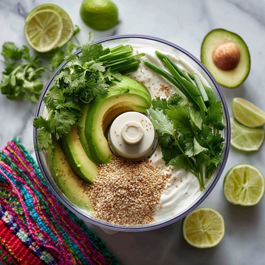 A white bowl filled with smooth, creamy, light green dip with gentle swirls on its surface is the main focus. Around the bowl, there are several yellow, triangular tortilla chips scattered loosely. On the side, there are three lime slices showing their bright green rind and juicy light green inside. In the background, there is a white cloth with blue stripes and a glass cup containing a frothy light brown drink. All items rest on a white marbled surface. Photo taken with an iphone --ar 4:5 --v 7
