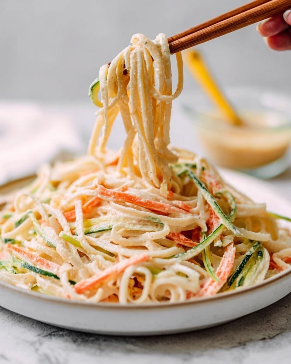 The image shows a close-up of a white plate filled with a creamy noodle salad made of thick, pale-colored noodles mixed with thin strips of green cucumber and orange carrot. A pair of wooden chopsticks held by a woman's hand is lifting a bundle of noodles and vegetables above the plate, showing the soft texture and light cream sauce clinging to them. The plate rests on a white marbled surface, with a blurred background hinting at a small glass bowl of sauce with a yellow spoon. The overall look is fresh and creamy with soft, natural colors. photo taken with an iphone --ar 4:5 --v 7