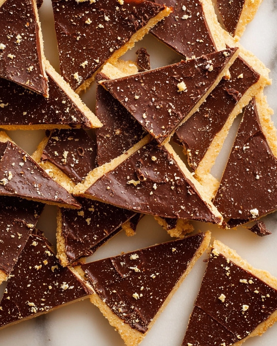 The image shows many triangular pieces of a dessert spread out closely on a white marbled surface. Each piece has two visible layers: a lighter brown base that looks crunchy and a thick, smooth dark chocolate layer on top. The chocolate layer has a slightly shiny texture with some small cracks and is sprinkled with tiny light-colored crumbs scattered evenly across the surface. The pieces overlap slightly and vary in size, giving a casual, homemade look. photo taken with an iphone --ar 4:5 --v 7