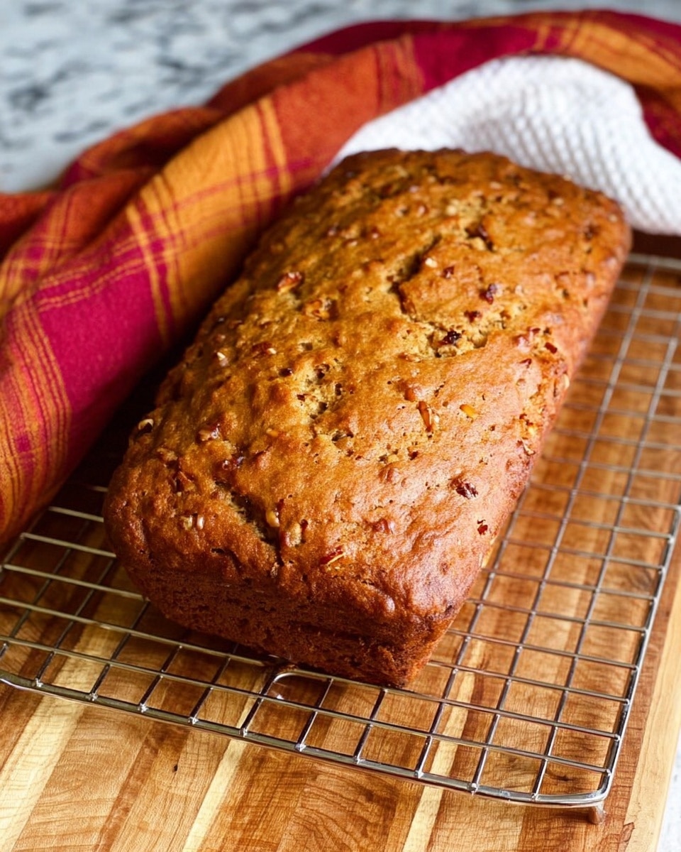 A loaf of bread with a golden brown crust rests on a silver cooling rack. The top surface of the bread has a rough, cracked texture with small bits of nuts or herbs visible throughout. Behind the rack, a white towel and a folded red, orange, and yellow checkered cloth add a warm color contrast. The bread and rack are placed on a wooden cutting board with a visible grain pattern, all set against a white marbled texture background. photo taken with an iphone --ar 4:5 --v 7