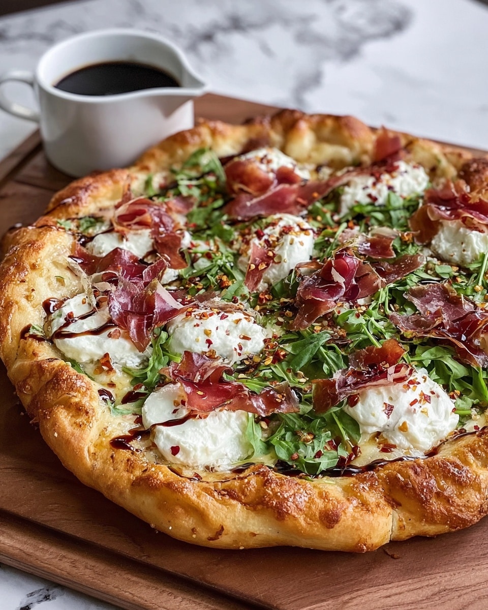 A sliced pizza sits on a white plate with a golden-brown crust that is thick and slightly charred on the edges; the first layer is melted cheese with small browned spots, followed by dollops of soft white ricotta cheese placed evenly on each slice, topped with thin pinkish-red slices of cured meat that have a shiny, delicate texture, and fresh green arugula leaves scattered over the top. A golden spoon drips a syrupy amber sauce onto one slice, adding a glossy shine. The pizza rests on a white marbled surface, with a blurred background that hints at wooden and glass items. photo taken with an iphone --ar 4:5 --v 7