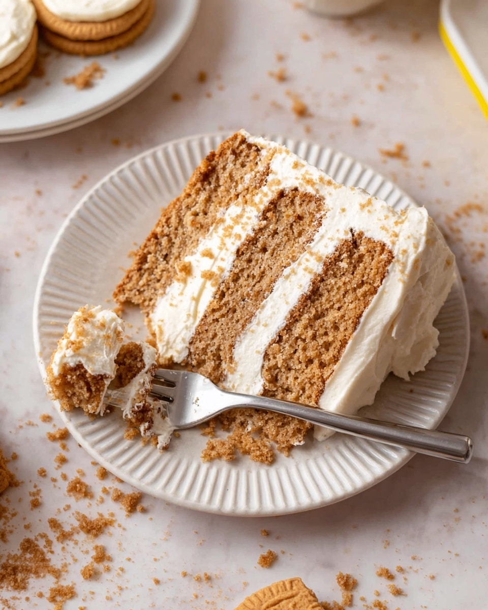The image shows a close-up of a four-layer cake on a white plate, placed on a white marbled surface. The cake has three thick layers of light brown, crumbly texture cake, with three layers of smooth white cream frosting in between. The outside of the cake is covered with the same white cream frosting, giving it a smooth look. On top of the cake, there are several golden-brown cookie pieces arranged in a small, uneven pile. Some crumbs are scattered around the base of the cake on the plate. The background is blurred, showing a yellow and white container. photo taken with an iphone --ar 4:5 --v 7
