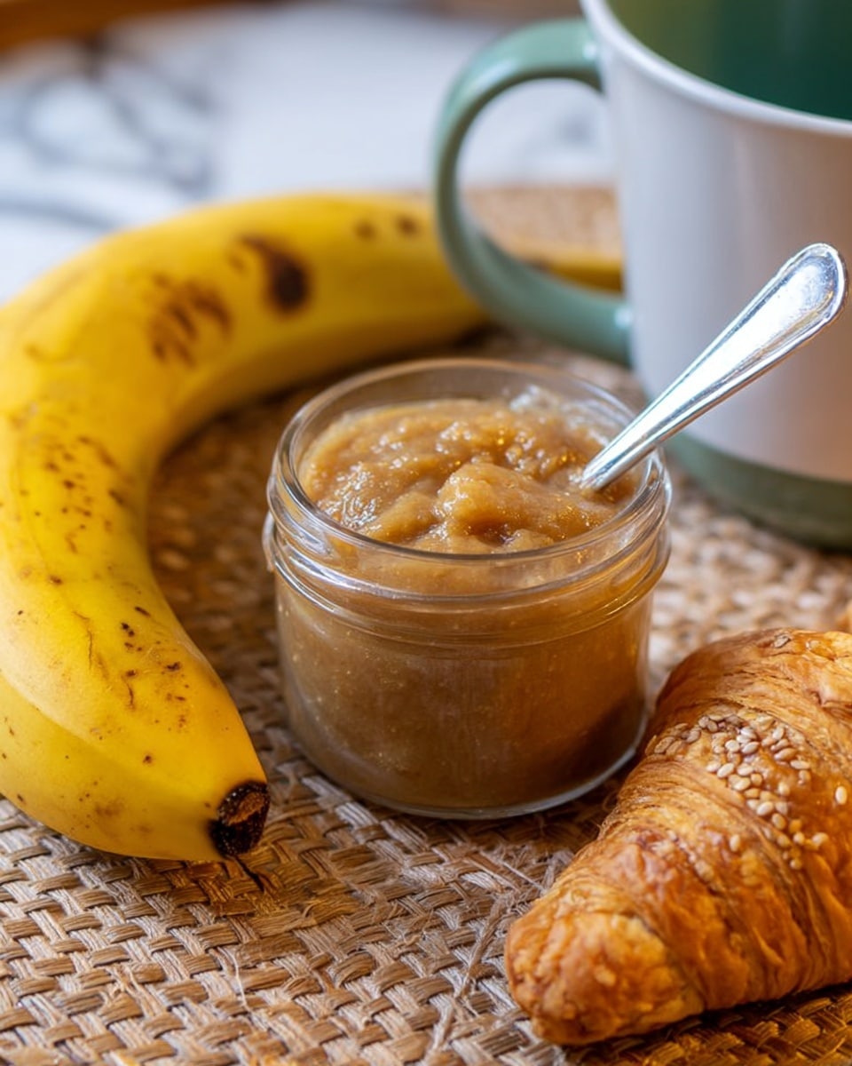 The image shows a small clear glass jar filled with thick, light brown banana jam or spread with a smooth, slightly chunky texture. A silver spoon is placed inside the jar with its handle resting on the edge. To the left of the jar is a ripe, yellow banana with small brown spots, and in front of the jar, there is a golden-brown croissant with visible seeds on its surface. All these items are on a light brown woven placemat, with the corner of a white mug with a green handle visible in the upper right corner. The background is a white marbled texture. photo taken with an iphone --ar 4:5 --v 7